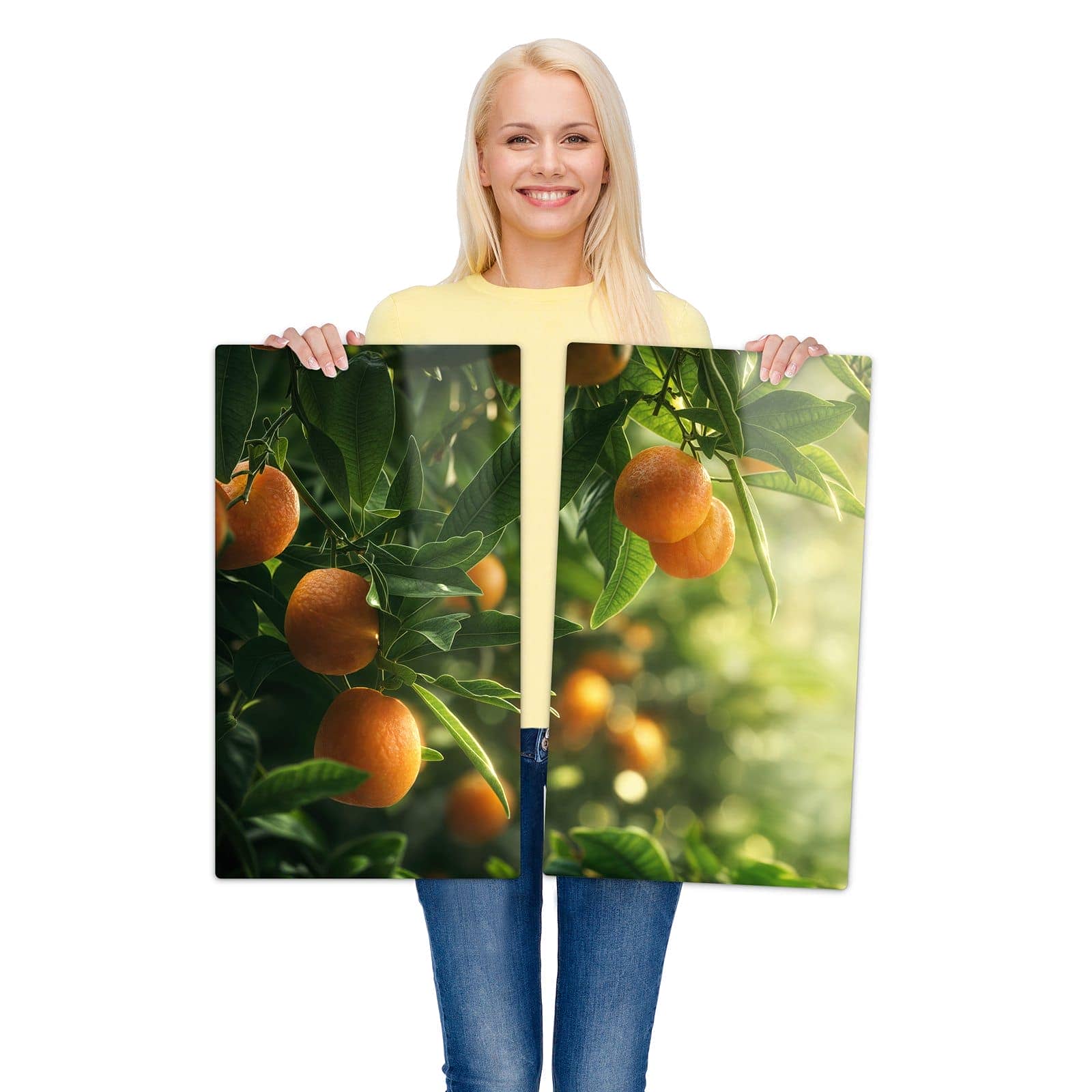 2-teilige Kochfeldabdeckung mit Orangenbaum Closeup-Motiv wird zur Größendarstellung gehalten