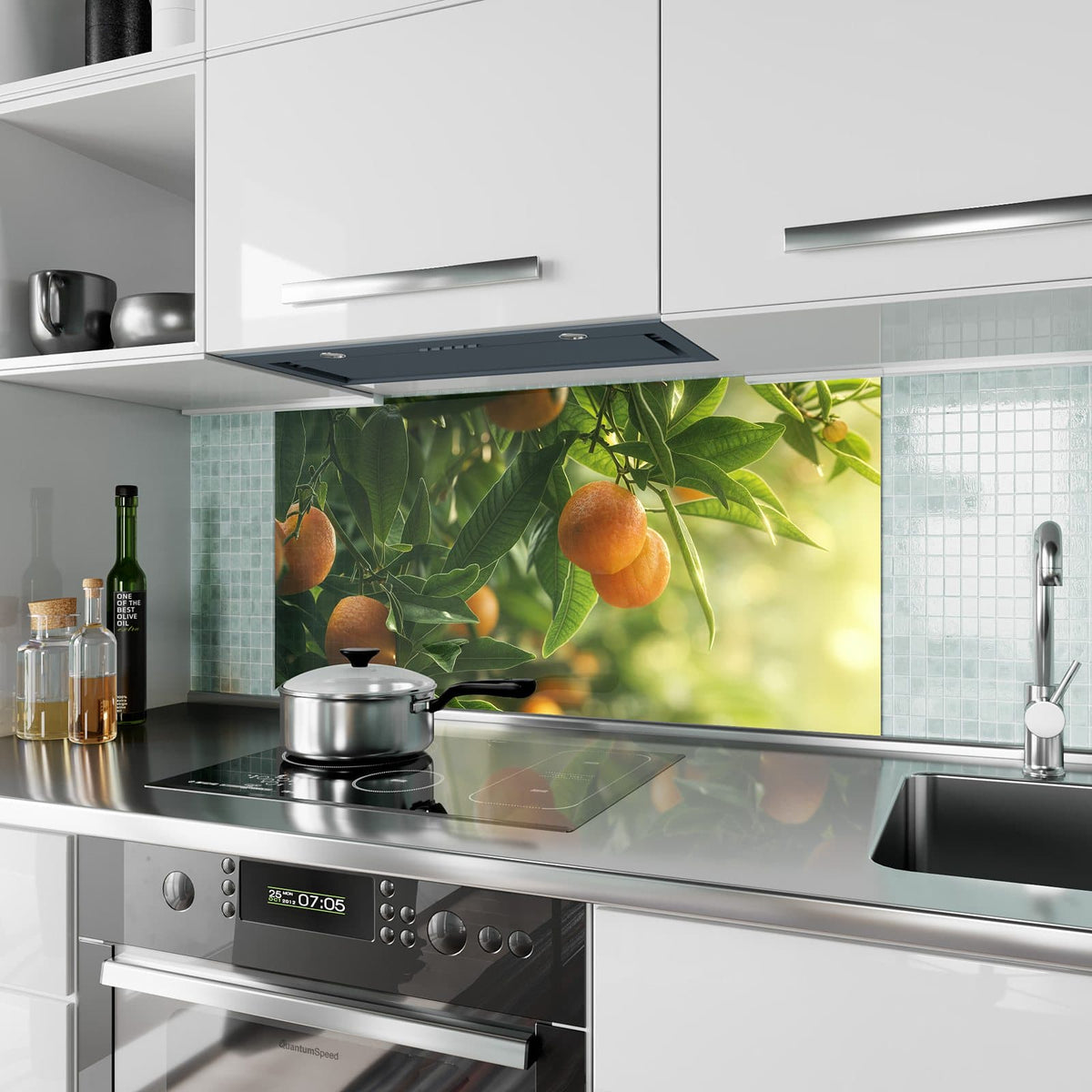 Küchenrückwand aus Glas Reife Orangen am Zweig im Hochformat als Spritzschutz hinter dem Kochfeld, über dem Fliesenspiegel montiert