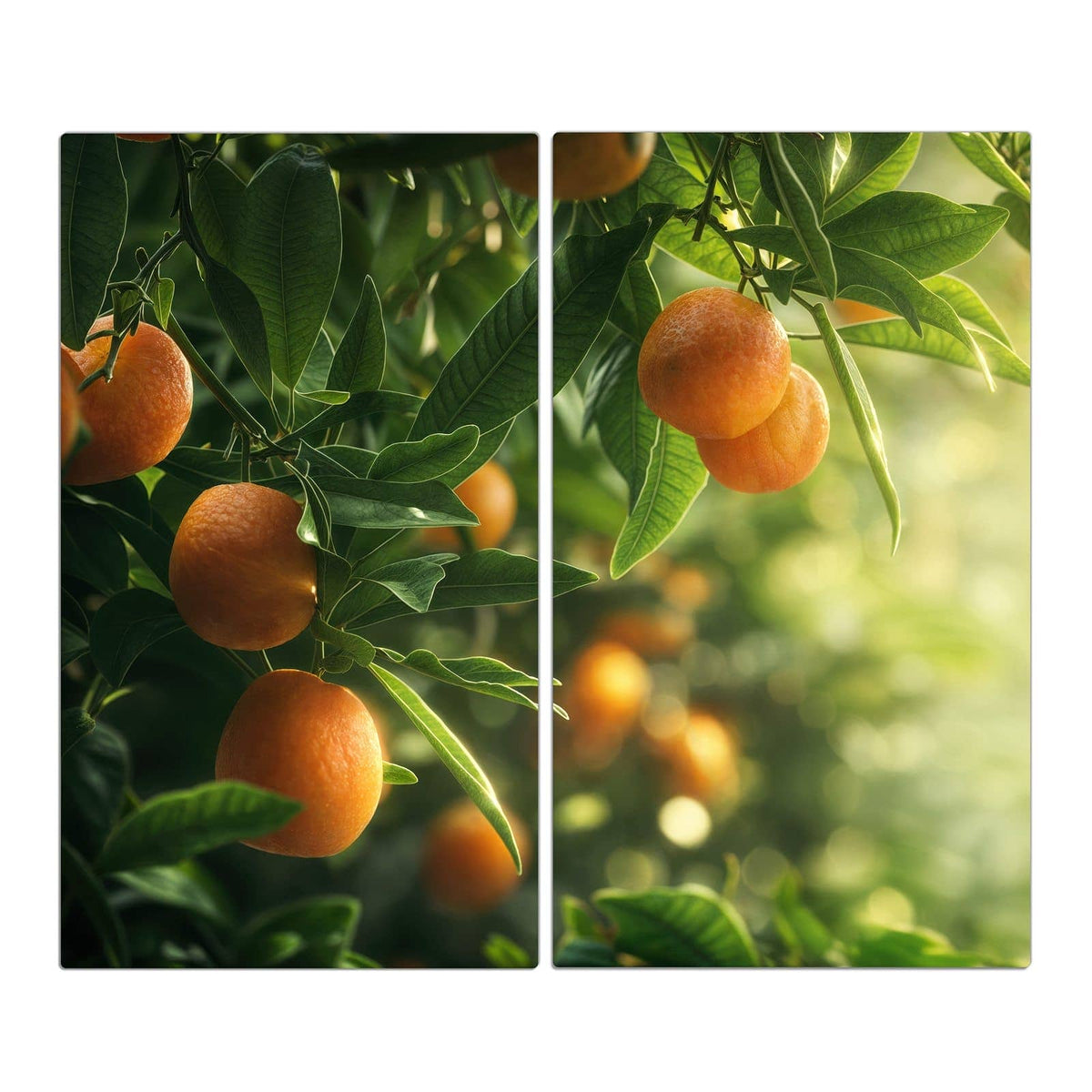 Reife Orangen zwischen grünen Blättern an Zweigen, sonniges Gegenlicht.