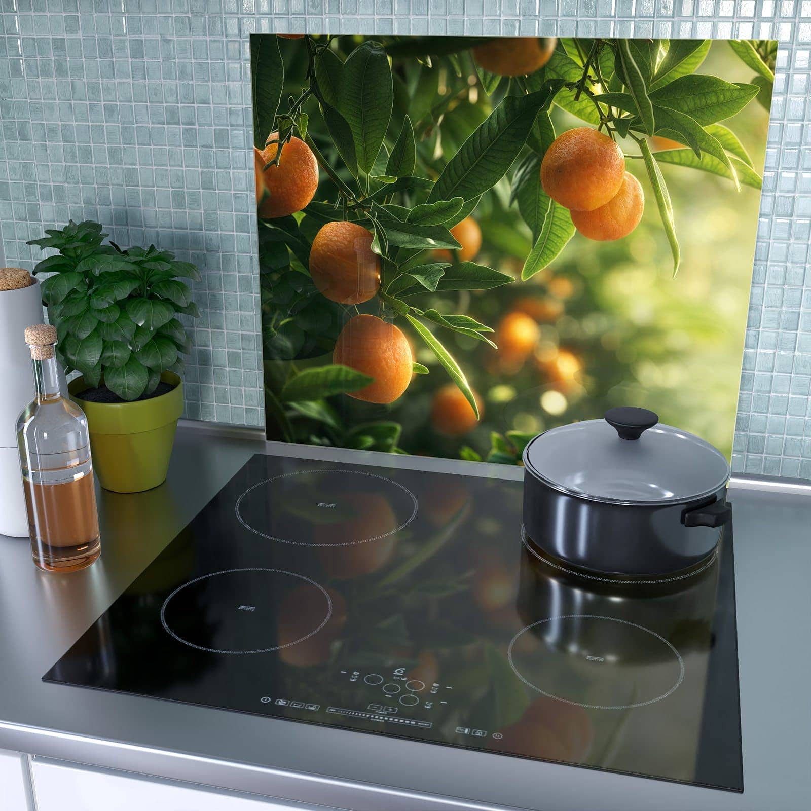 1-teilige Herdabdeckplatte aus Glas mit Orangenbaum Closeup-Motiv als Spritzschutz hinter dem Kochfeld