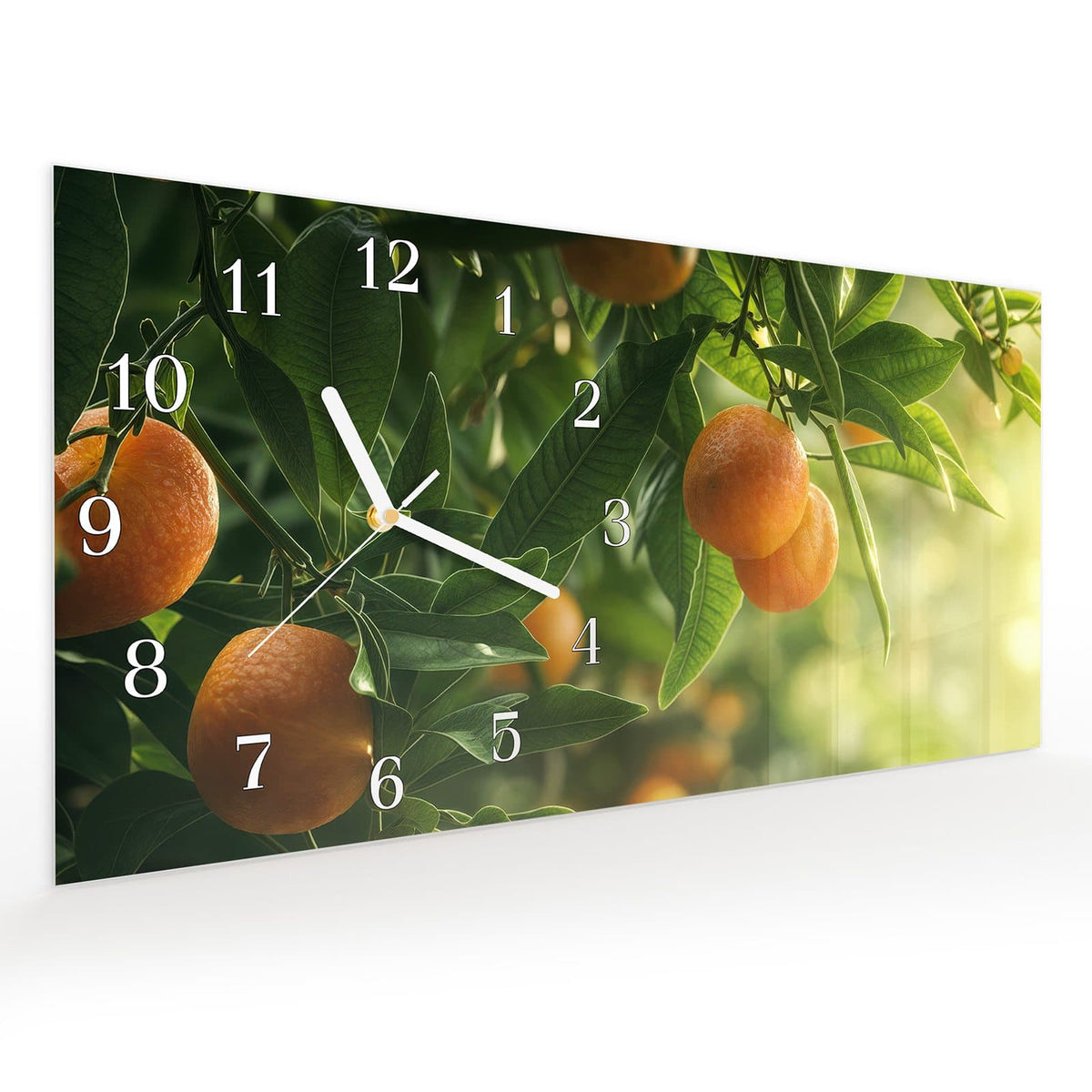 Vormontiert – mit Schwebeeffekt – Wanduhr Orangenbaum Closeup aus Glas – Querformat 60 × 30 cm