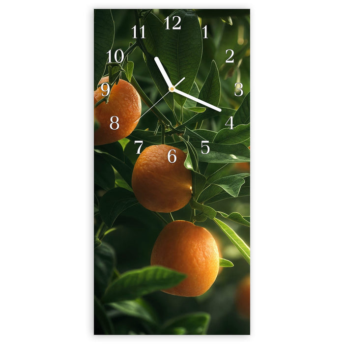 Wanduhr Orangenbaum Closeup aus Glas – Hochformat 30 × 60 cm mit Ziffernblatt Klassisch