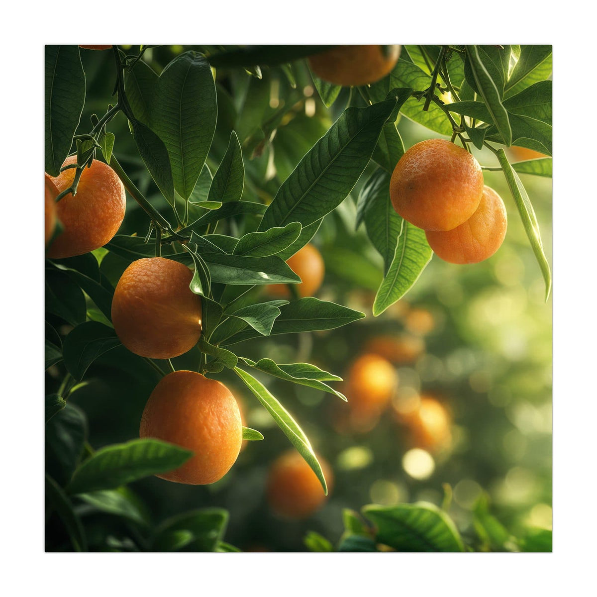Küchenrückwand aus Glas Reife Orangen am Zweig im quadratischen Format, Motiv bildfüllend von vorn