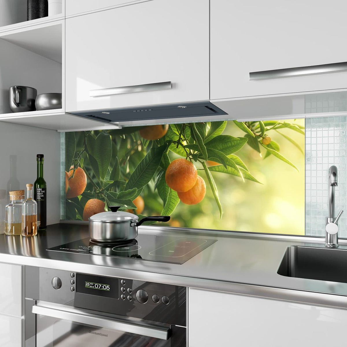 Küchenrückwand aus Glas Reife Orangen am Zweig im Hochformat als Spritzschutz hinter dem Kochfeld, über dem Fliesenspiegel montiert