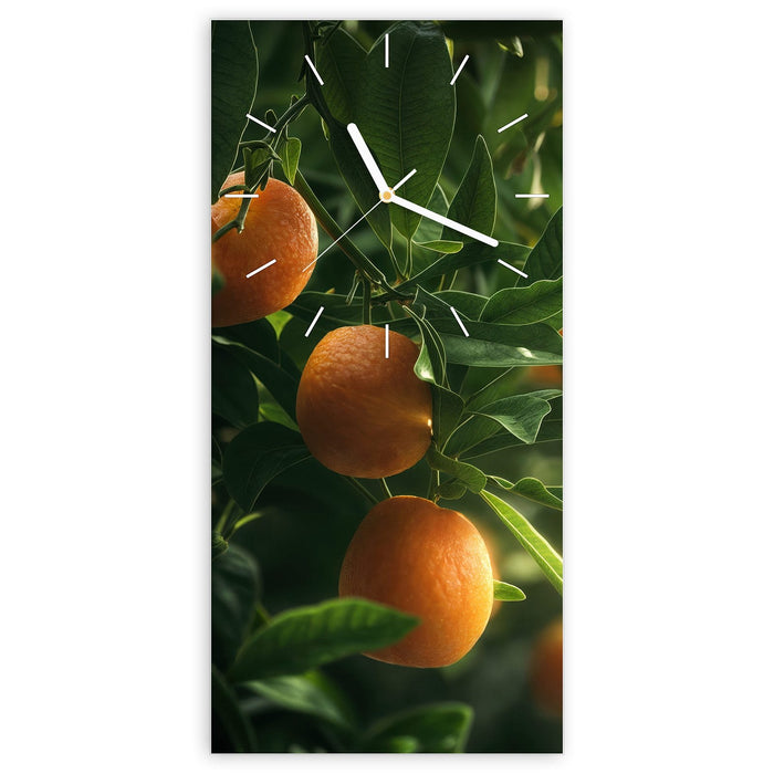 Wanduhr Orangenbaum Closeup aus Glas – Hochformat 30 × 60 cm mit Ziffernblatt Linie