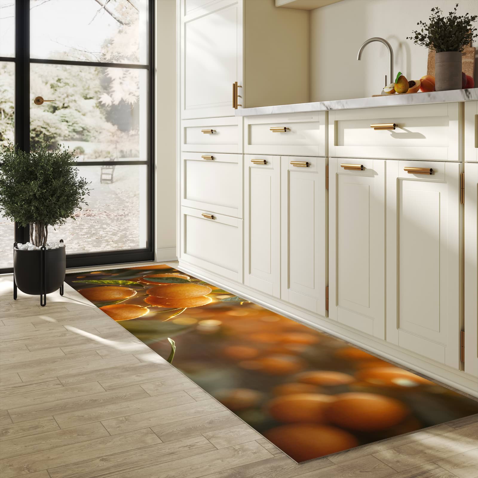 Bodenschonender waschbarer Küchenteppich mit Motiv Sonnengeflutete Orangen in heller Küche