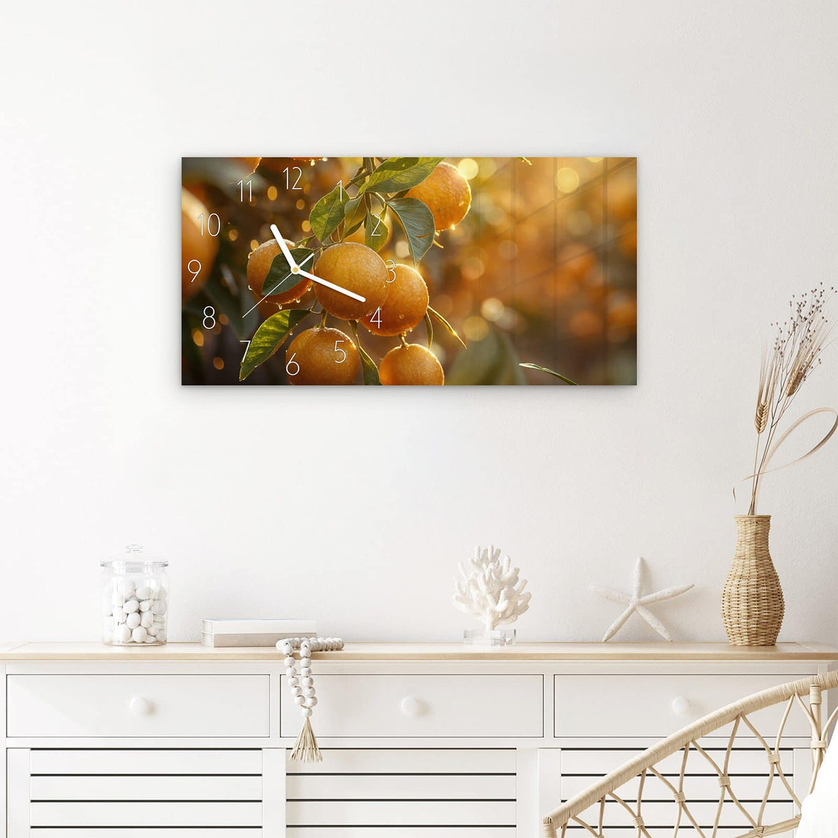 Wanduhr Sonnengeflutete Orangen aus Glas – Querformat 60 × 30 cm – Orangen im goldenen Gegenlicht