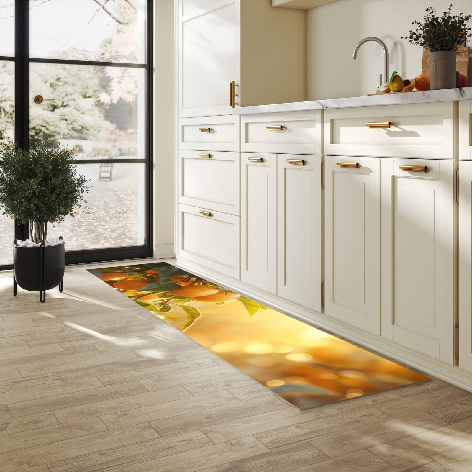 Waschbarer Teppich fürs Esszimmer mit Motiv Sonnengeflutete Orangen in heller Küche