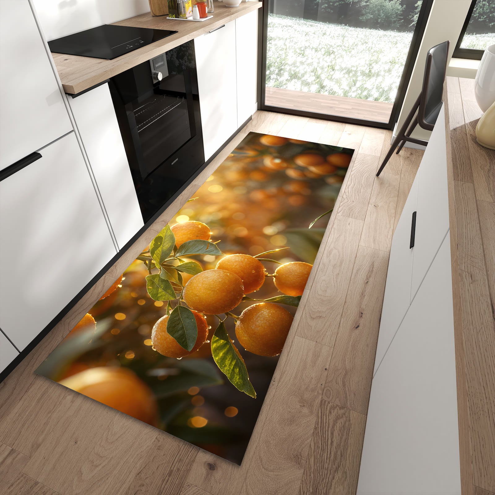 Rutschfester Küchenteppich mit Motiv Sonnengeflutete Orangen in moderner Küche