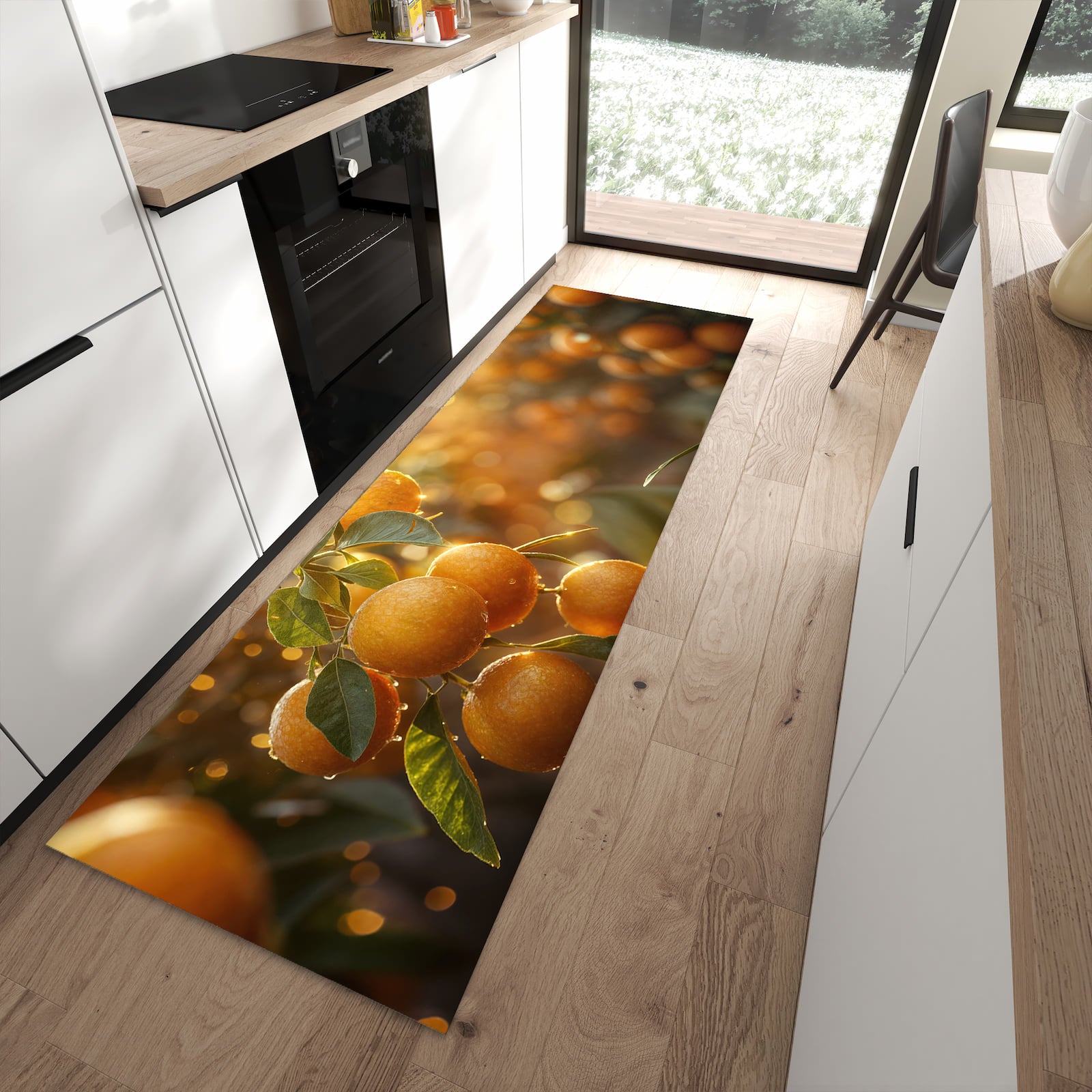 Langlebiger Küchenteppich mit Motiv Sonnengeflutete Orangen in moderner Küche