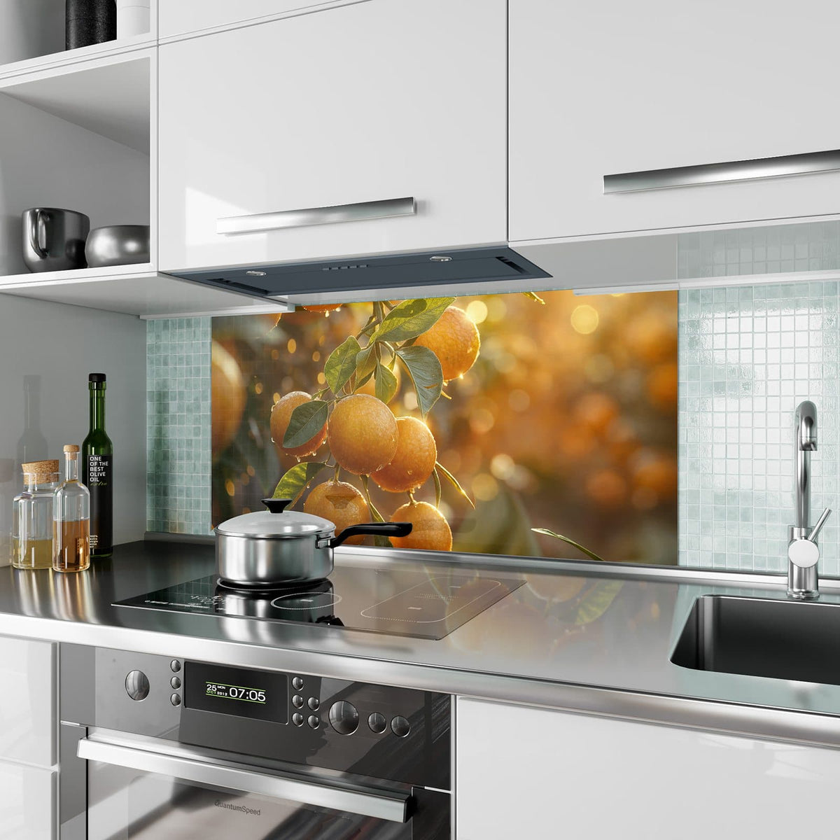 Küchenrückwand aus Glas Sonnengeflutete Orangen im Hochformat als Spritzschutz hinter dem Kochfeld, über dem Fliesenspiegel montiert