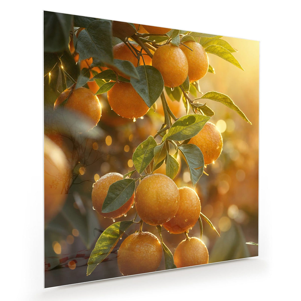 Orangen mit Wassertropfen am Zweig, warmes Gegenlicht zwischen den Blättern