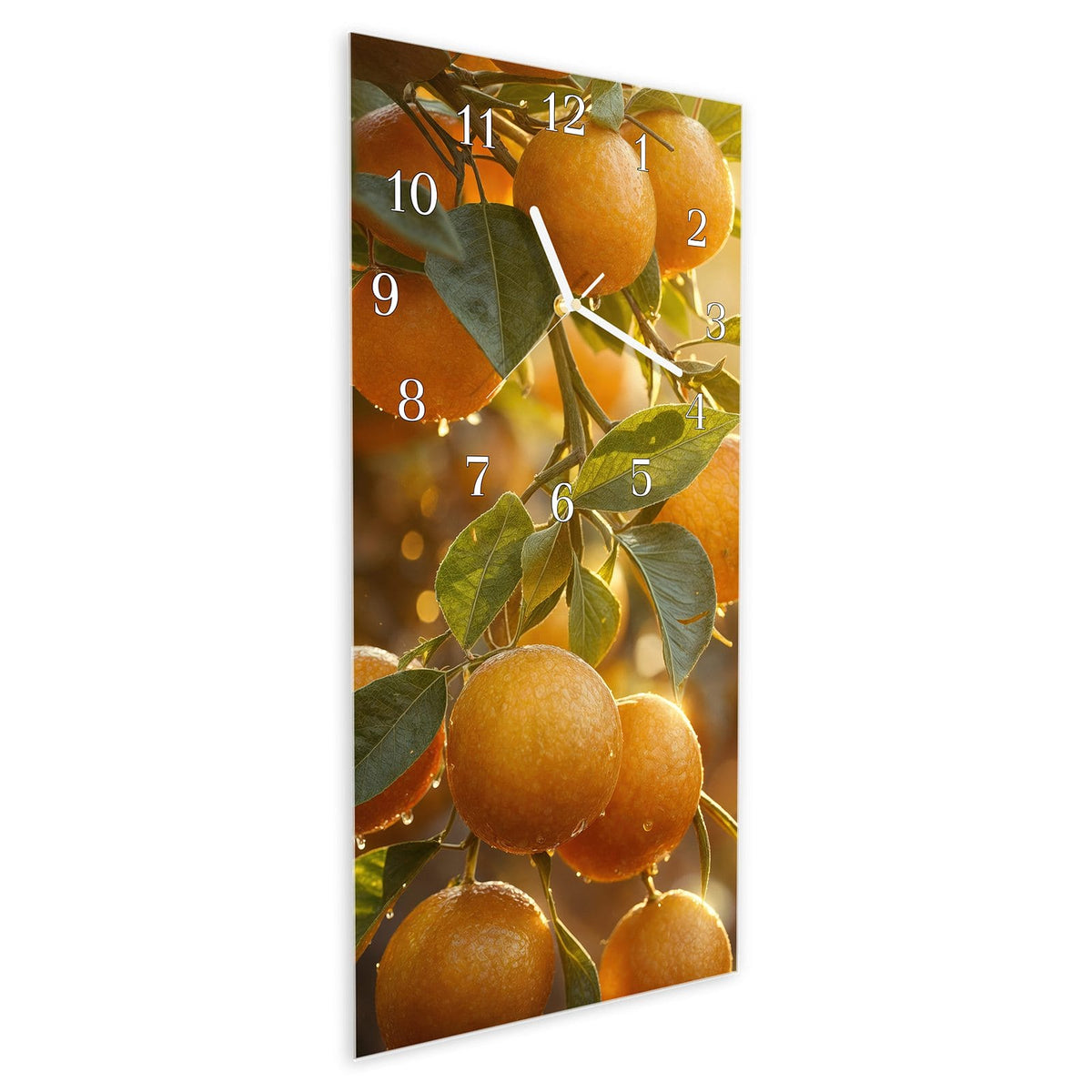 Vormontiert – mit Schwebeeffekt – Wanduhr Sonnengeflutete Orangen aus Glas – Hochformat 30 × 60 cm