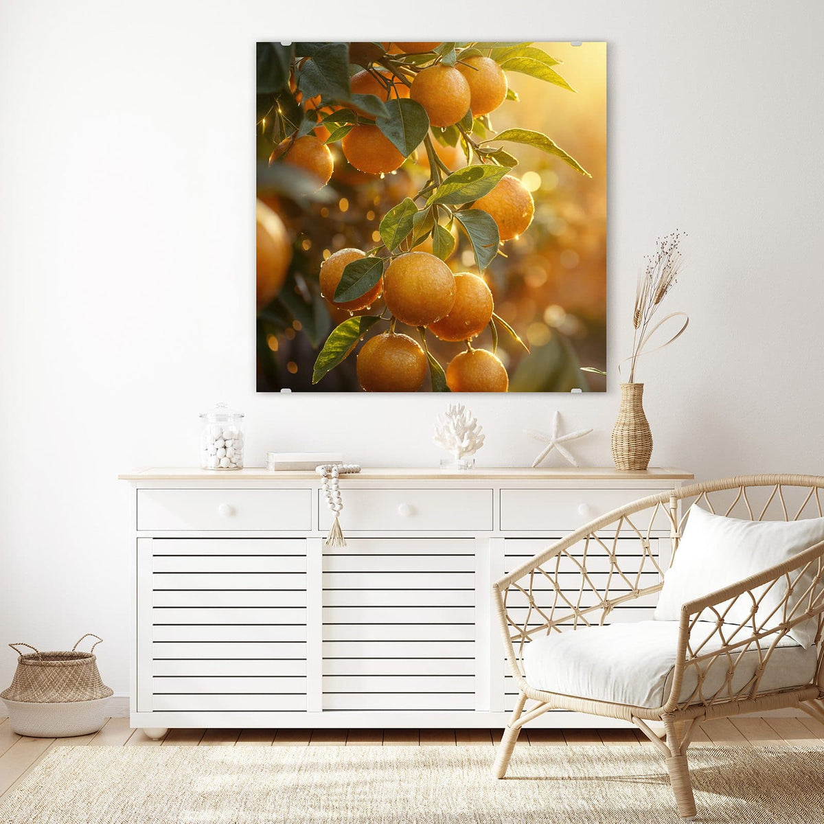 Echtglas, 4 mm – kein Acryl, keine Folie – Wandbild - Sonnengeflutete Orangen - Quadratisch