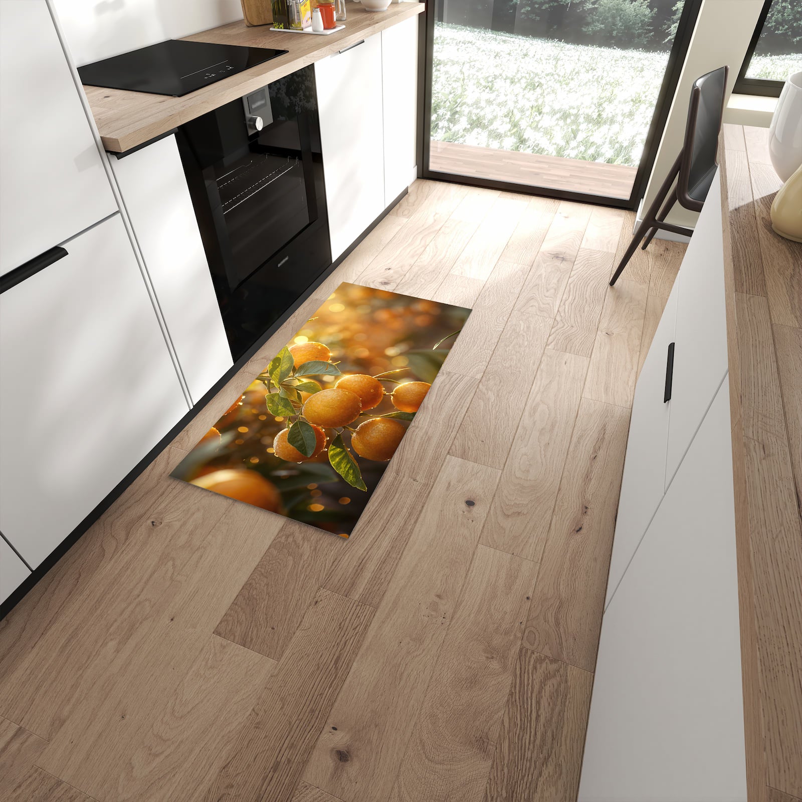 Geräuschdämpfender Küchenläufer mit Motiv Sonnengeflutete Orangen in moderner Küche #grösse_60 x 120 cm