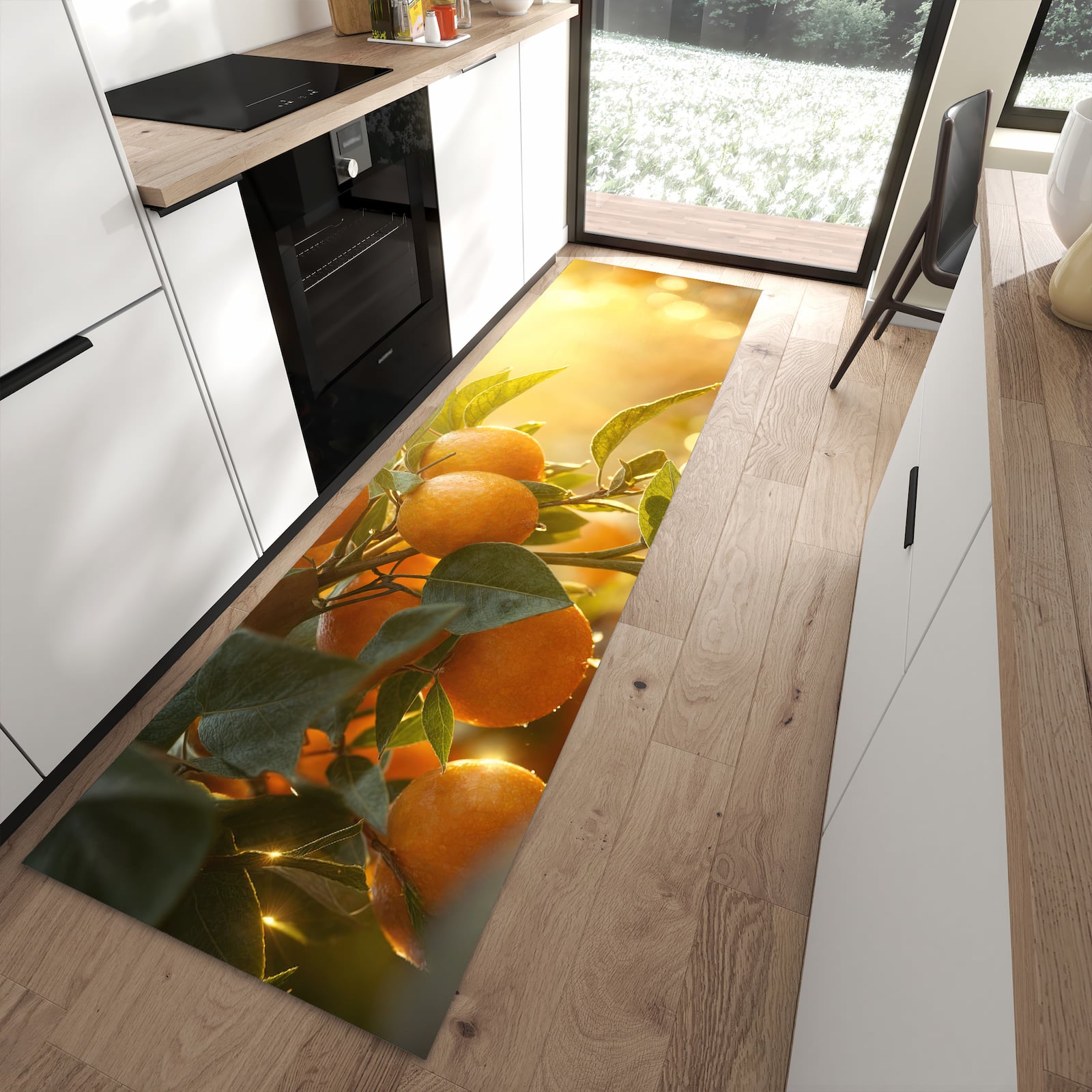 Flacher Küchenteppich mit Motiv Sonnengeflutete Orangen in moderner Küche
