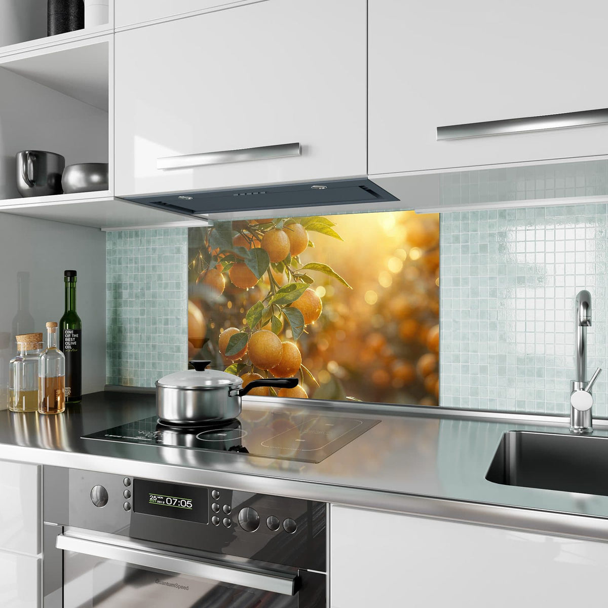Küchenrückwand aus Glas Sonnengeflutete Orangen im Hochformat als Spritzschutz hinter dem Kochfeld, über dem Fliesenspiegel montiert