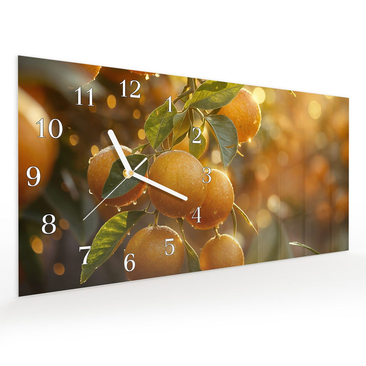 Vormontiert – mit Schwebeeffekt – Wanduhr Sonnengeflutete Orangen aus Glas – Querformat 60 × 30 cm