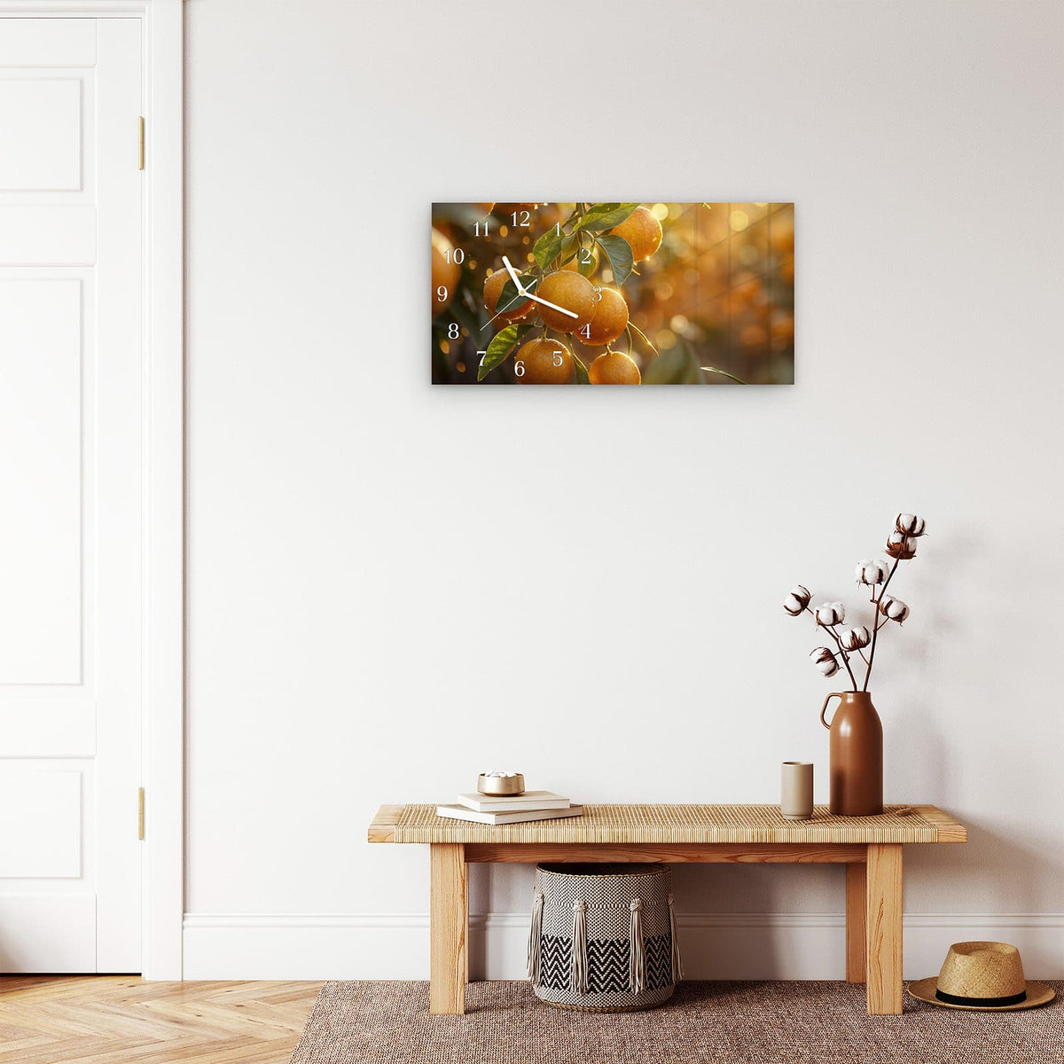 Moderne Wanduhr aus Glas mit Farbtiefe – Wanduhr Sonnengeflutete Orangen aus Glas – Querformat 60 × 30 cm