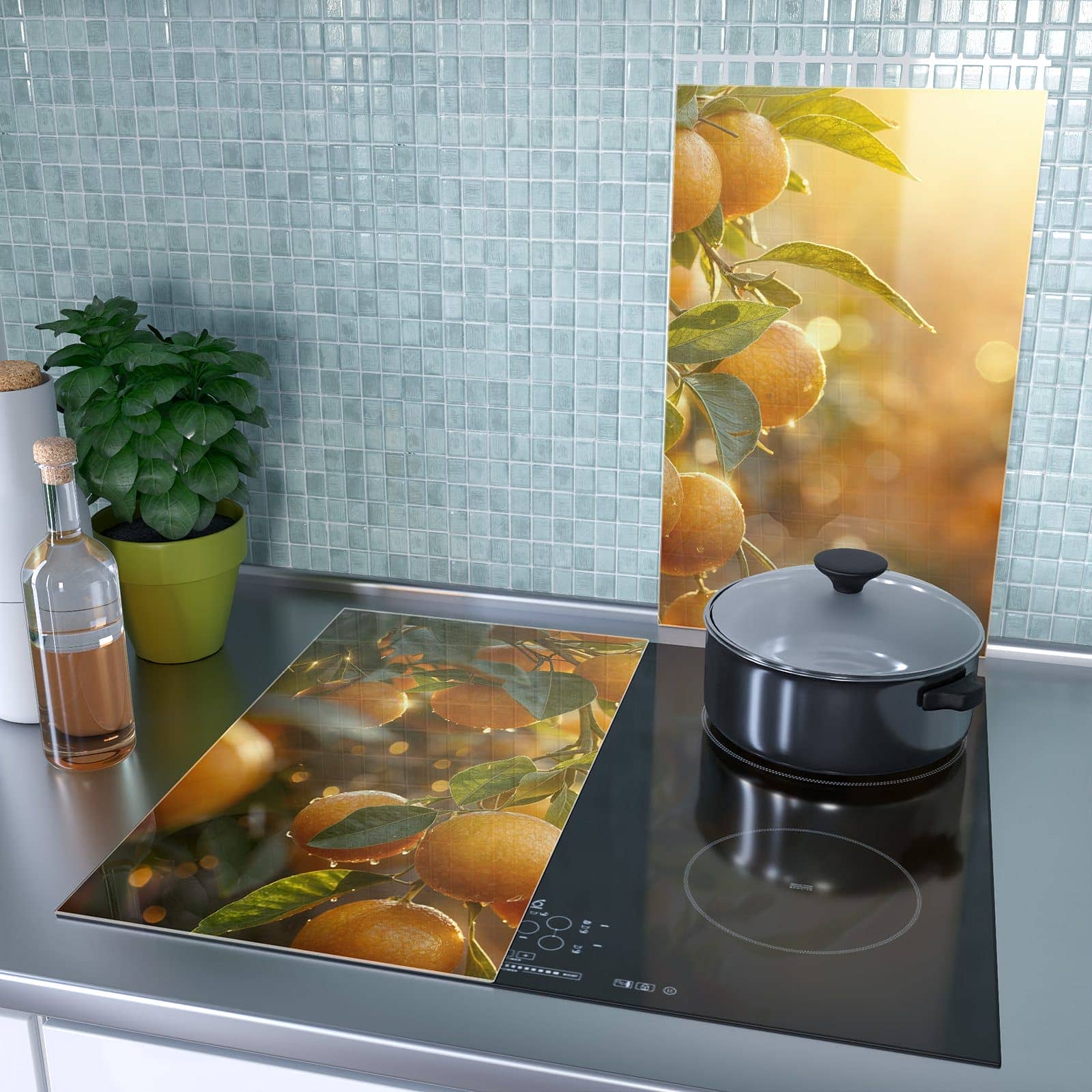 2-teilige Herdabdeckplatte mit Sonnengeflutete Orangen-Motiv als Spritzschutz hinter dem Kochfeld