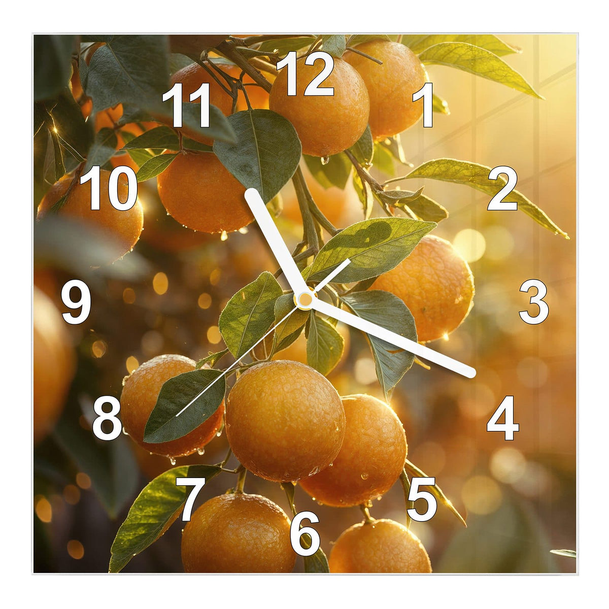 Wanduhr aus Glas, Ziffernblatt Modern mit Motiv Sonnengeflutete Orangen: Orangen mit Wassertropfen am Zweig, warmes Gegenlicht zwischen den Blättern #ziffernblatt_Modern