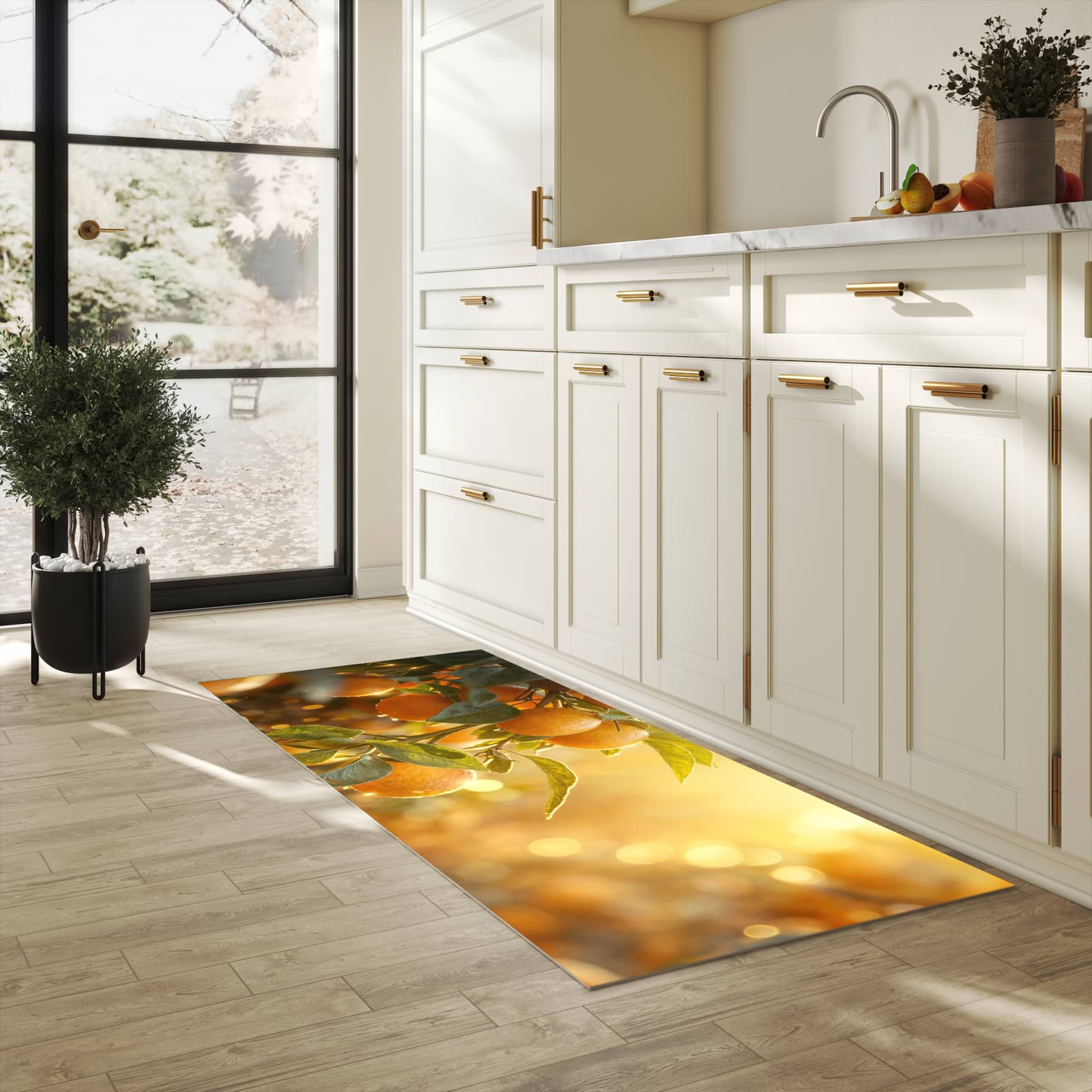 Feuchtigkeitsresistenter Bodenläufer mit Motiv Sonnengeflutete Orangen in heller Küche