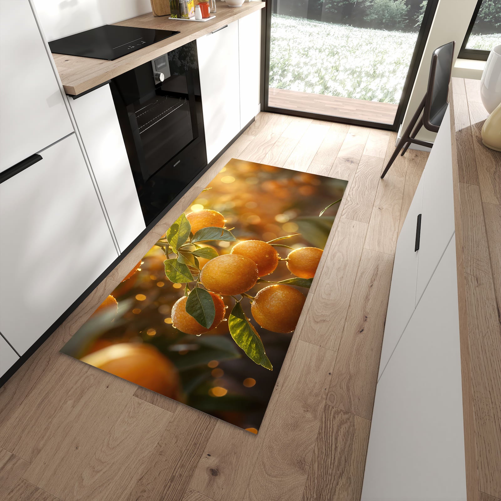 Komfortabler Küchenteppich mit Motiv Sonnengeflutete Orangen in moderner Küche