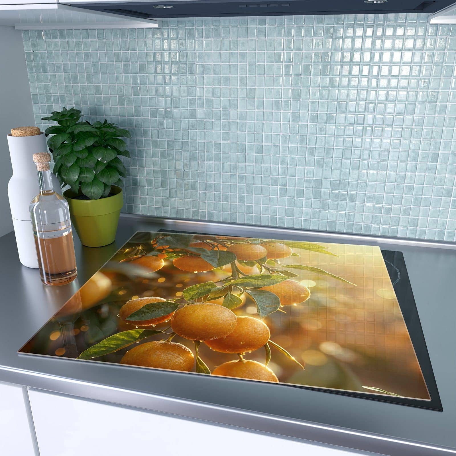 1-teilige Herdabdeckplatte aus Glas mit Sonnengeflutete Orangen-Motiv auf dem Ceranfeld