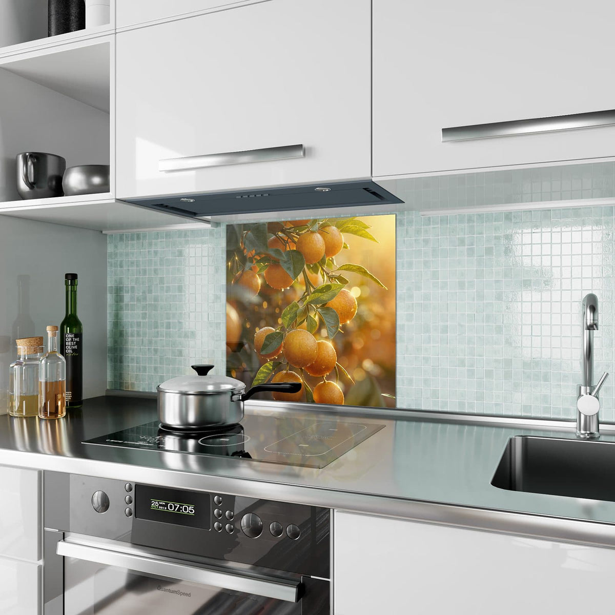 Küchenrückwand aus Glas Sonnengeflutete Orangen im quadratischen Format als Spritzschutz hinter dem Kochfeld, über dem Fliesenspiegel montiert