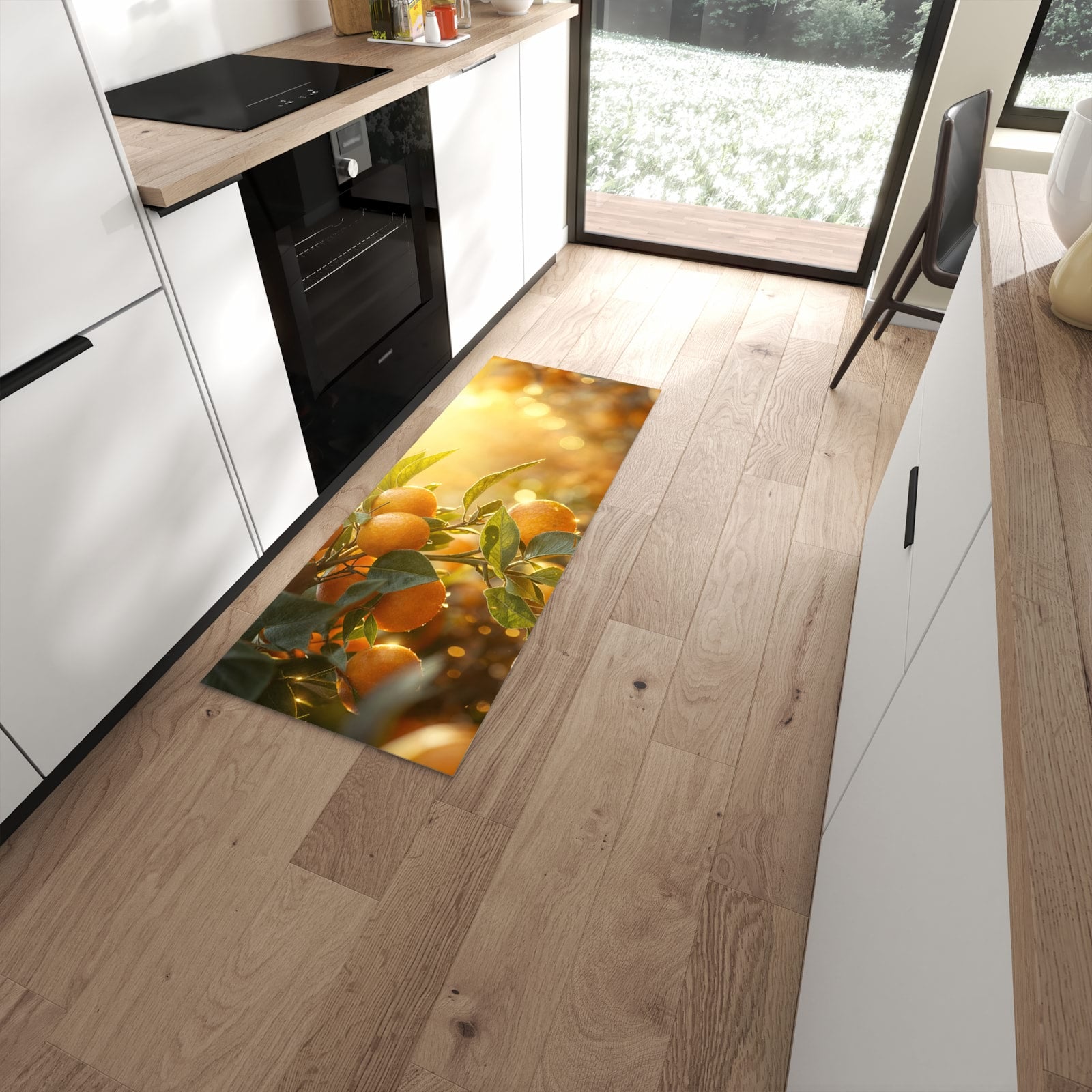 Abriebfester Küchenläufer nach Maß mit Motiv Sonnengeflutete Orangen in moderner Küche #grösse_60 x 150 cm