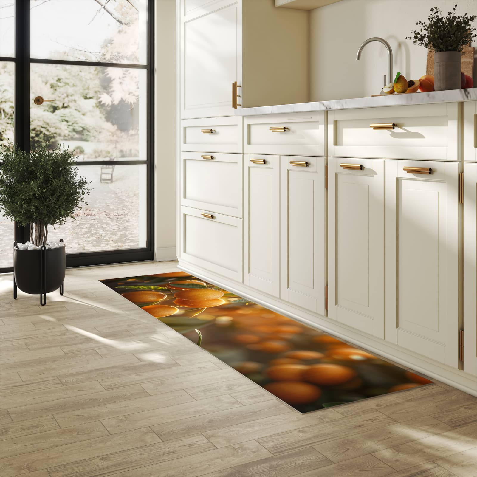 Strapazierfähiger dünner Küchenteppich mit Motiv Sonnengeflutete Orangen in heller Küche