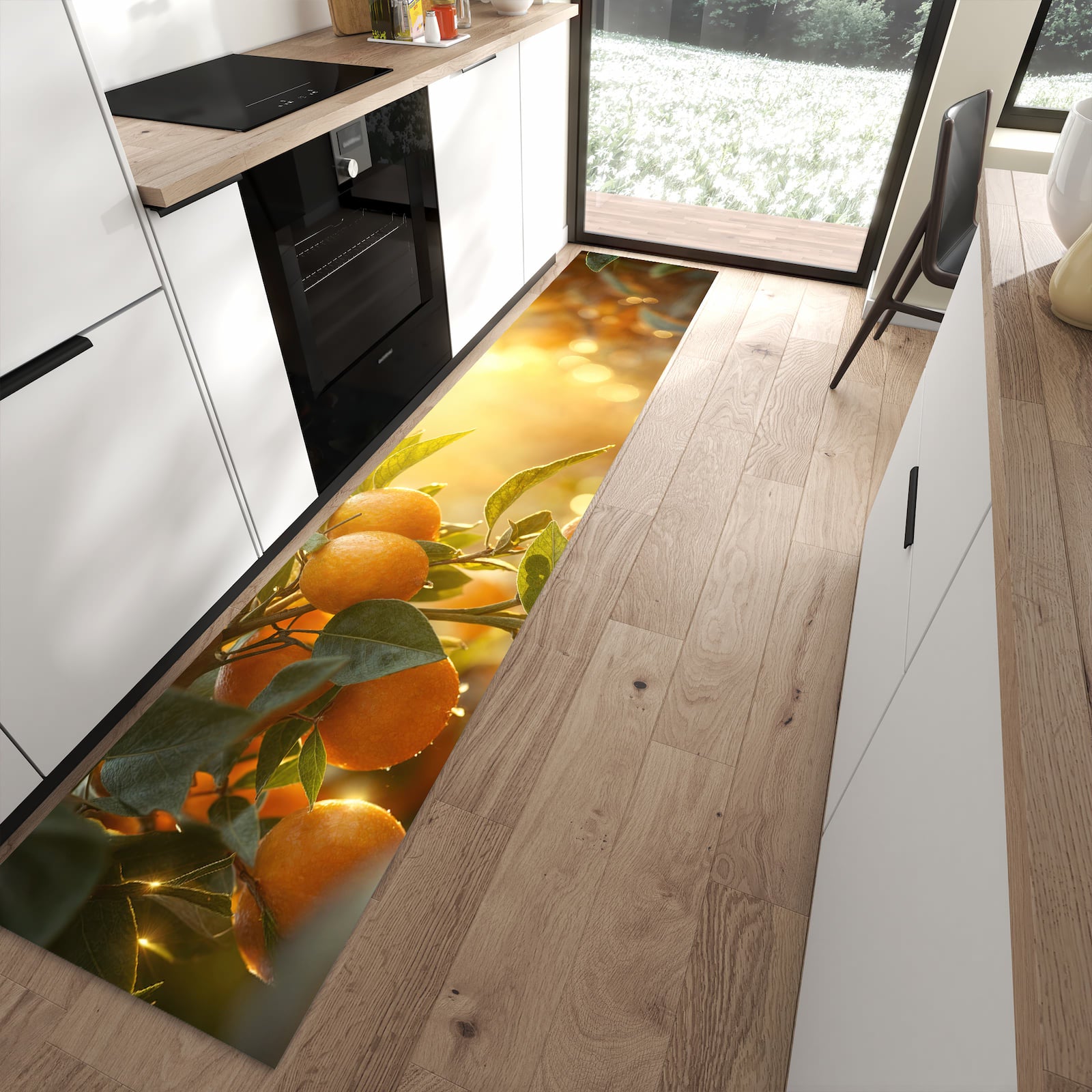 Fleckenresistenter abwaschbarer Küchenteppich mit Motiv Sonnengeflutete Orangen in moderner Küche