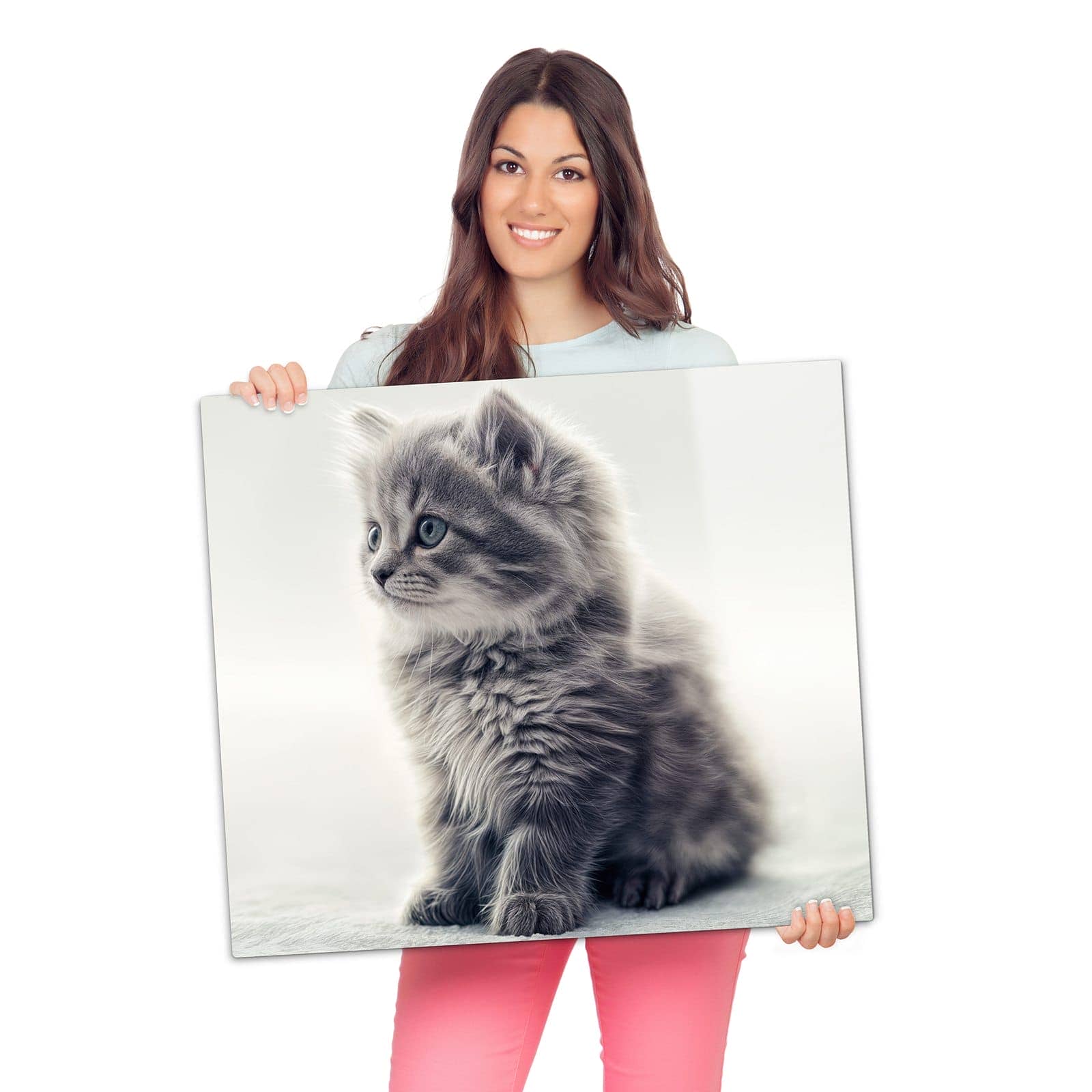 1-teilige Glasplatte für Herd mit Kitten Portrait-Motiv wird zur Größendarstellung gehalten