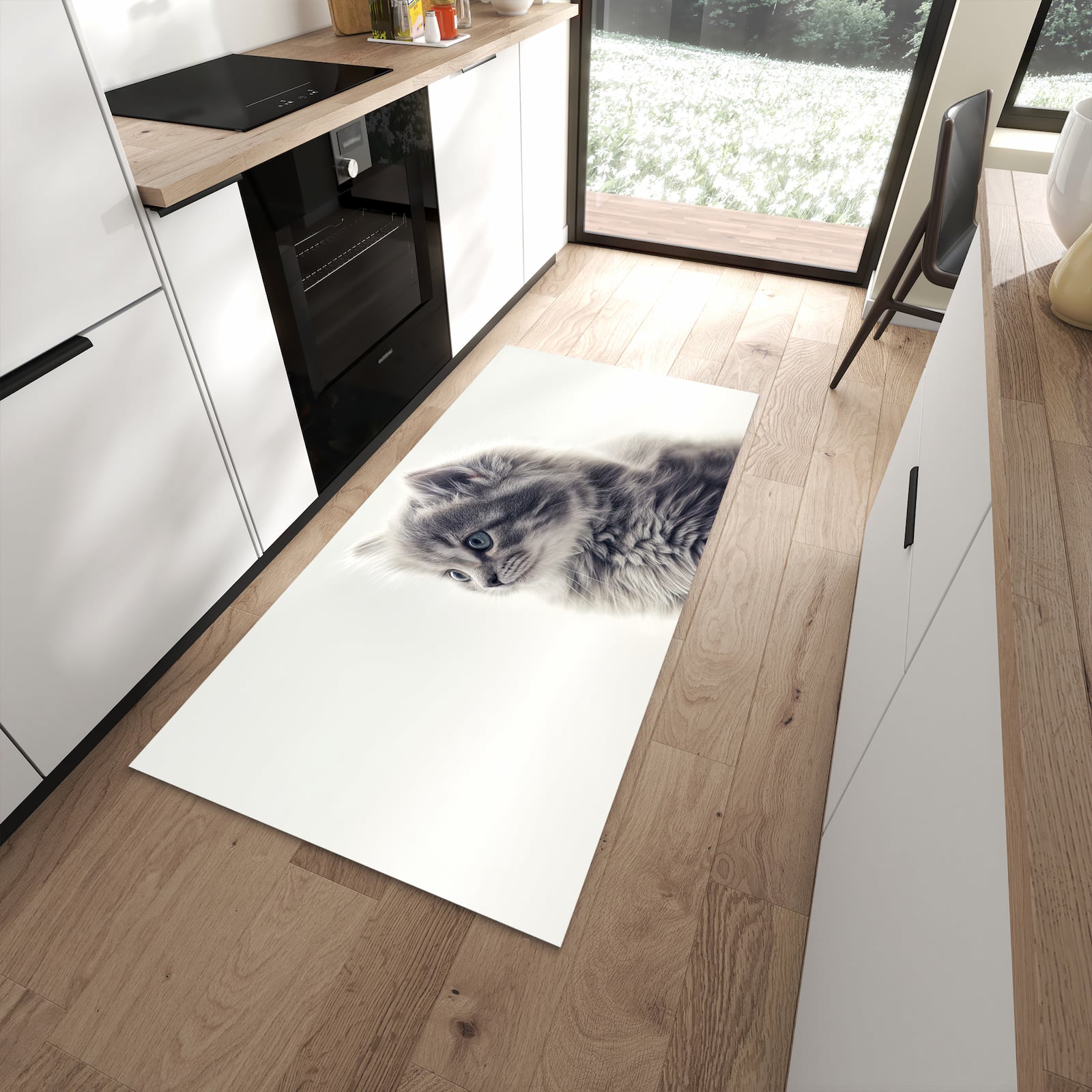 Waschbarer Küchenläufer mit Motiv Kitten Portrait in moderner Küche für sicheres Aufbewahren