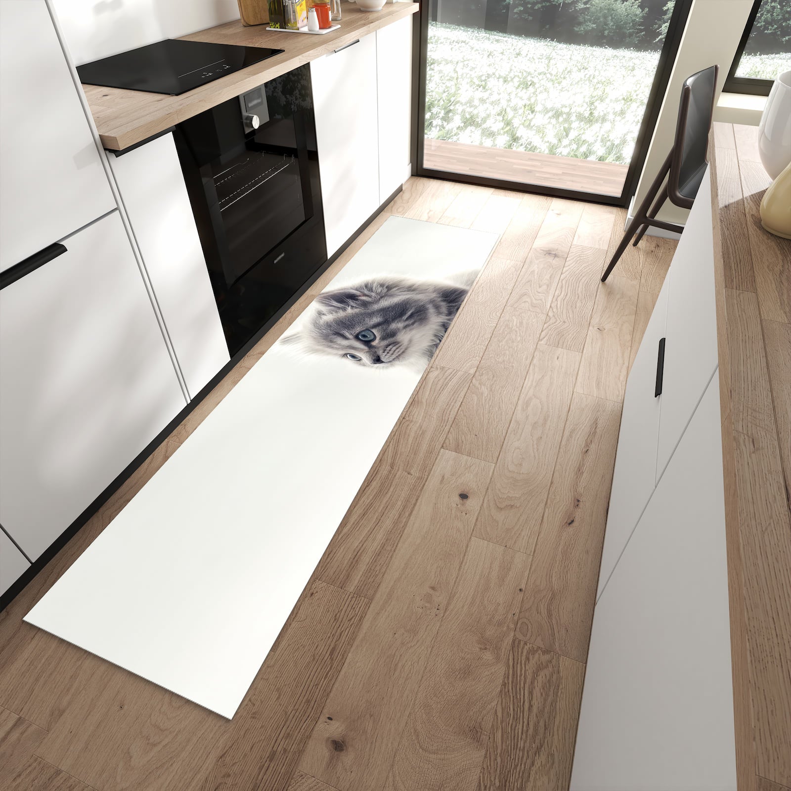 Langlebiger rutschfester Küchenteppich mit Motiv Kitten Portrait in moderner Küche