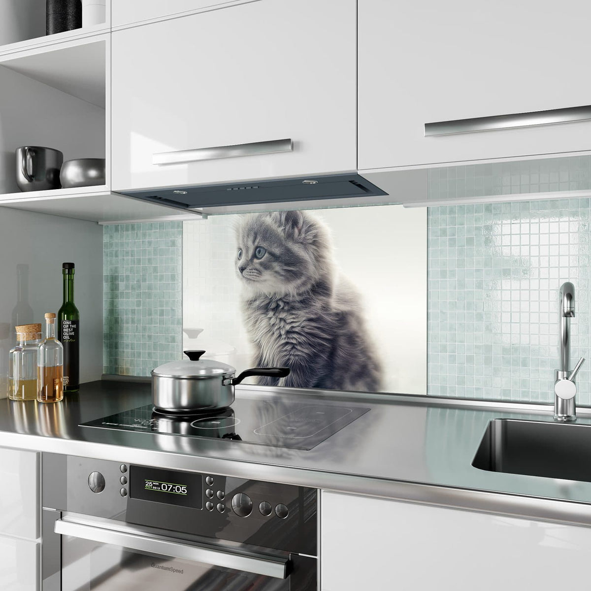 Küchenrückwand aus Glas Graues Kätzchen im Hochformat als Spritzschutz hinter dem Kochfeld, über dem Fliesenspiegel montiert
