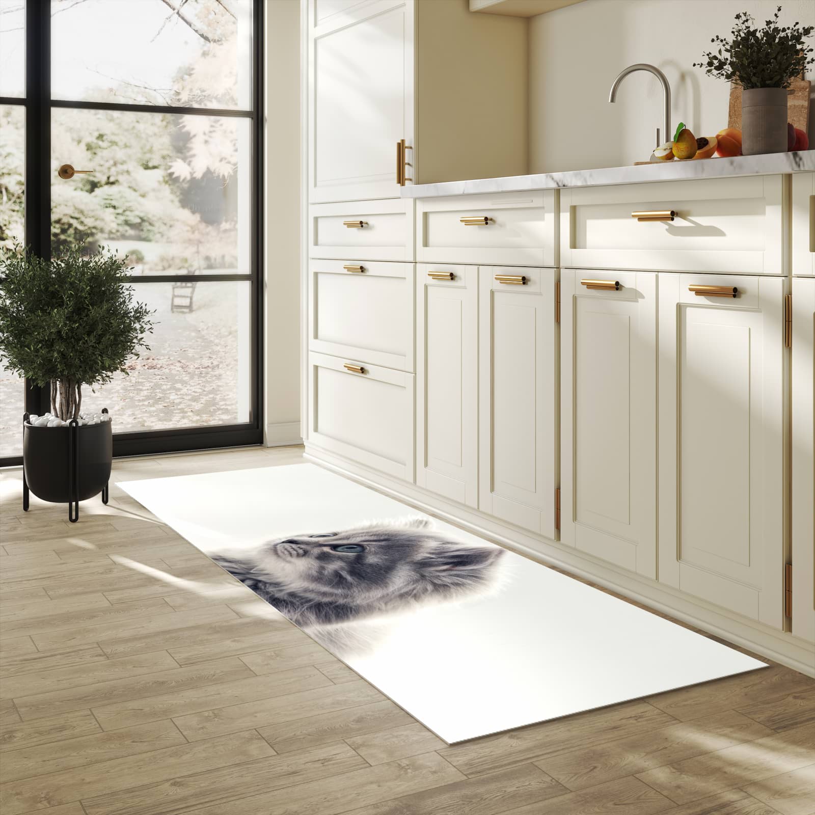 Langlebiger Teppichläufer mit Motiv Kitten Portrait in heller Küche