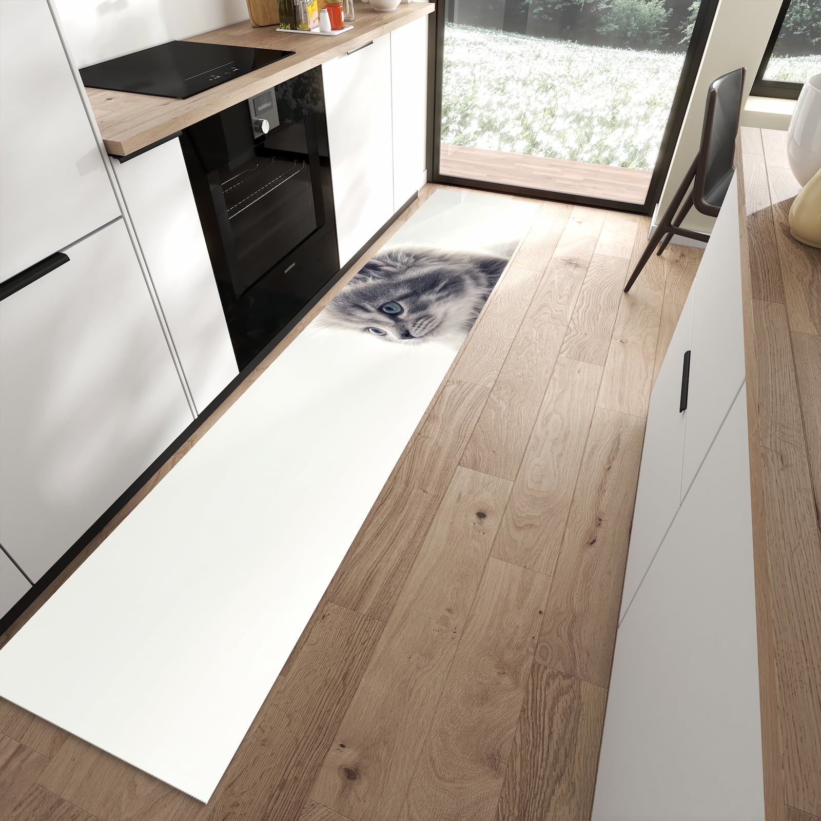 Feuchtigkeitsresistenter Küchenläufer mit Motiv Kitten Portrait in moderner Küche