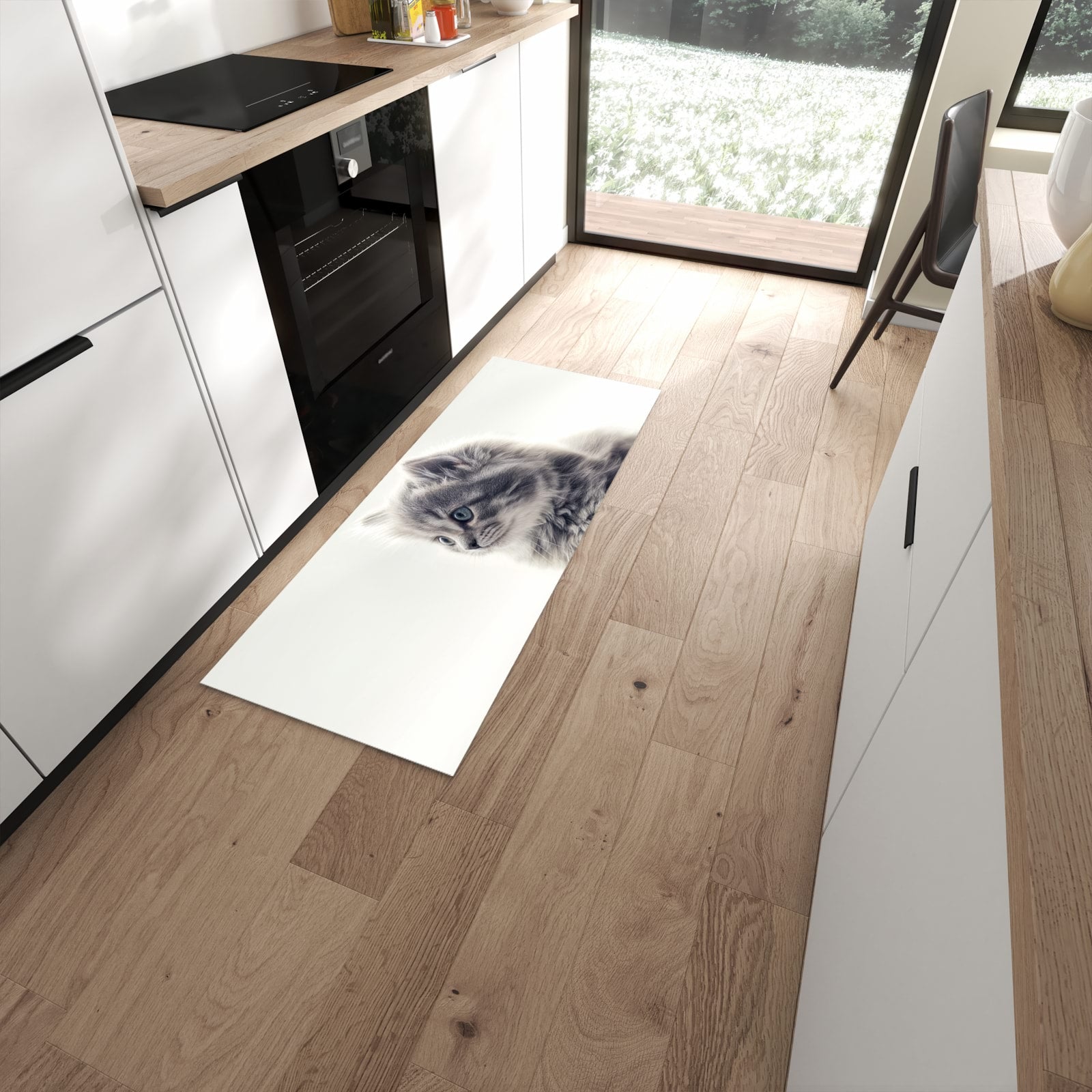 Strapazierfähiger waschbarer Küchenteppich mit Motiv Kitten Portrait in moderner Küche #grösse_60 x 150 cm