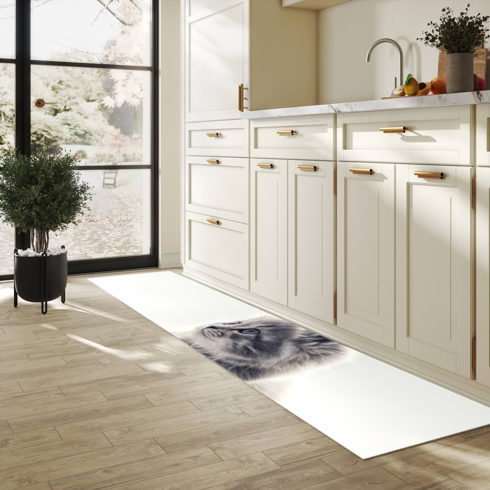 Fleckenresistenter waschbarer Teppich Küche mit Motiv Kitten Portrait in heller Küche