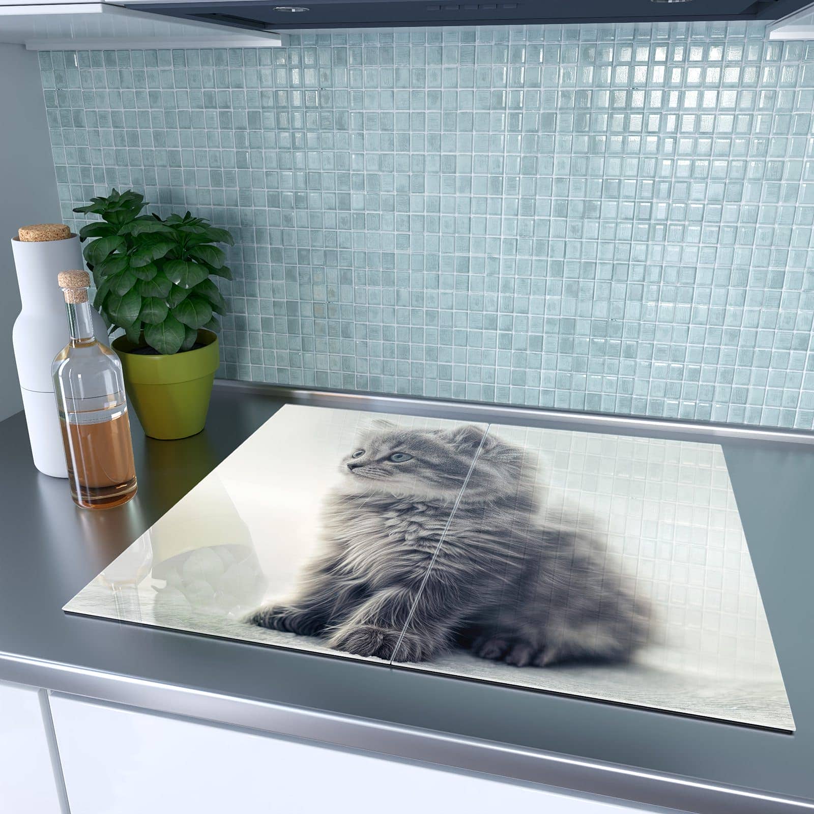 2-teilige Herdabdeckplatte aus Glas mit Kitten Portrait-Motiv auf dem Ceranfeld