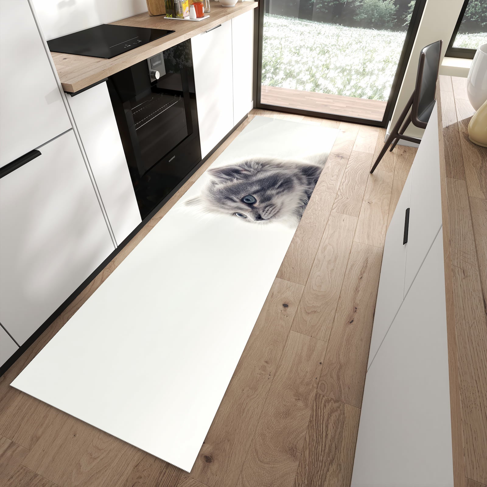 Farbbeständiger rutschfester Küchenläufer mit Motiv Kitten Portrait in moderner Küche