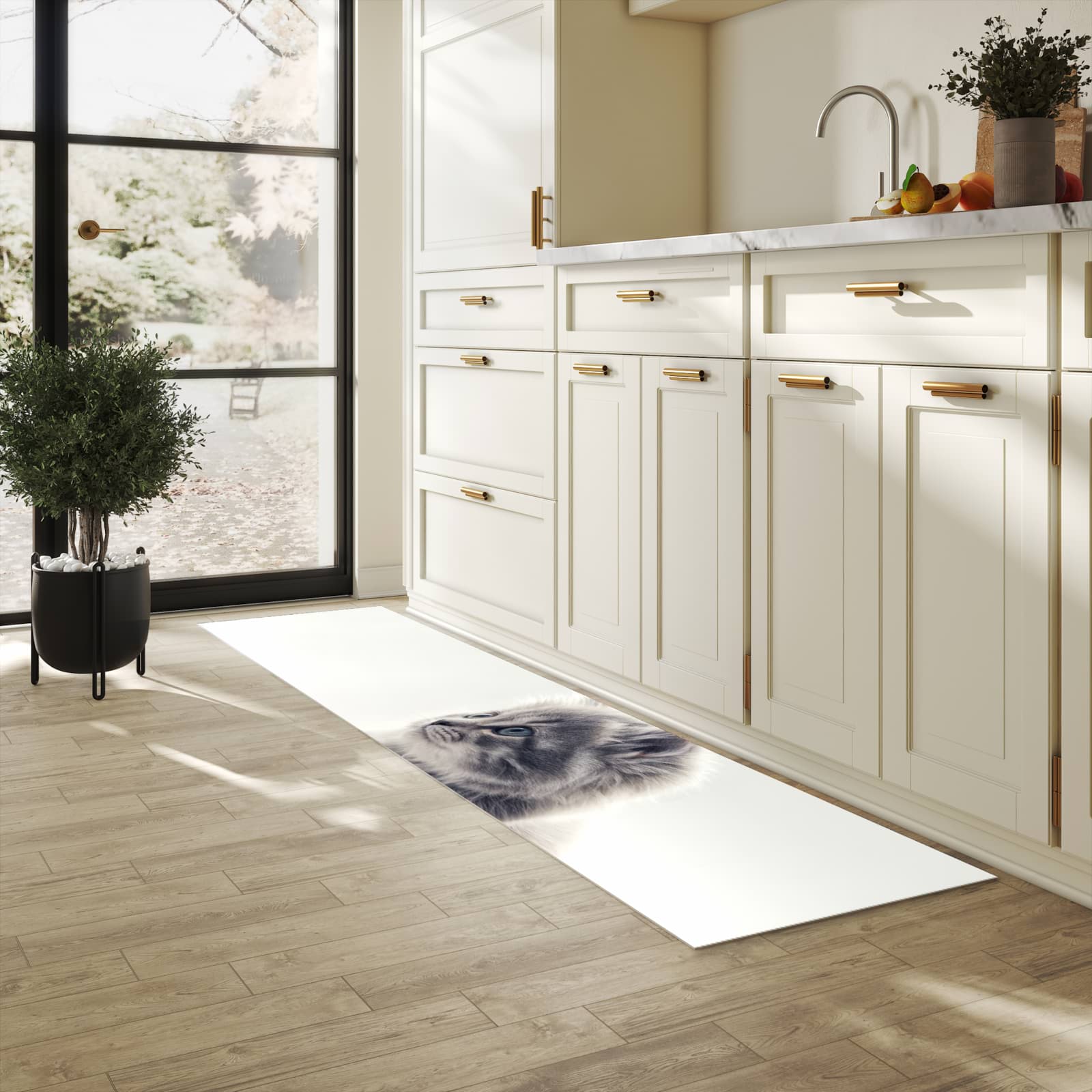 Wasserabweisender Küchenvorleger mit Motiv Kitten Portrait in heller Küche