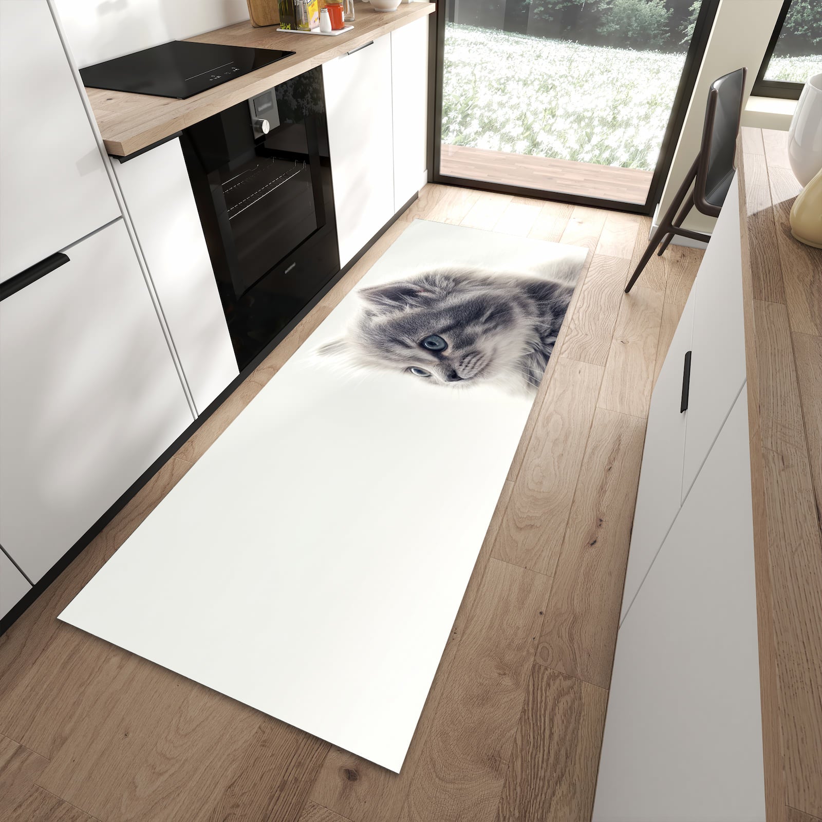 Zeitsparender rutschfester Küchenläufer mit Motiv Kitten Portrait in moderner Küche
