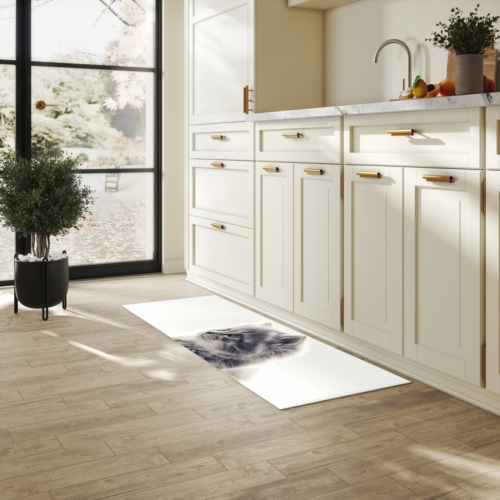 UV-beständiger Küchenläufer mit Motiv Kitten Portrait in heller Küche