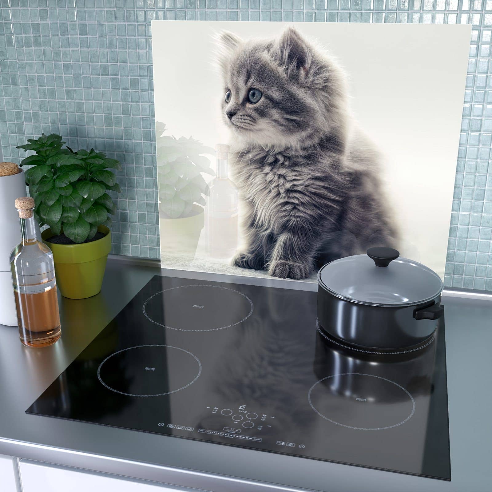 1-teilige Herdabdeckplatte mit Kitten Portrait-Motiv als Spritzschutz hinter dem Kochfeld