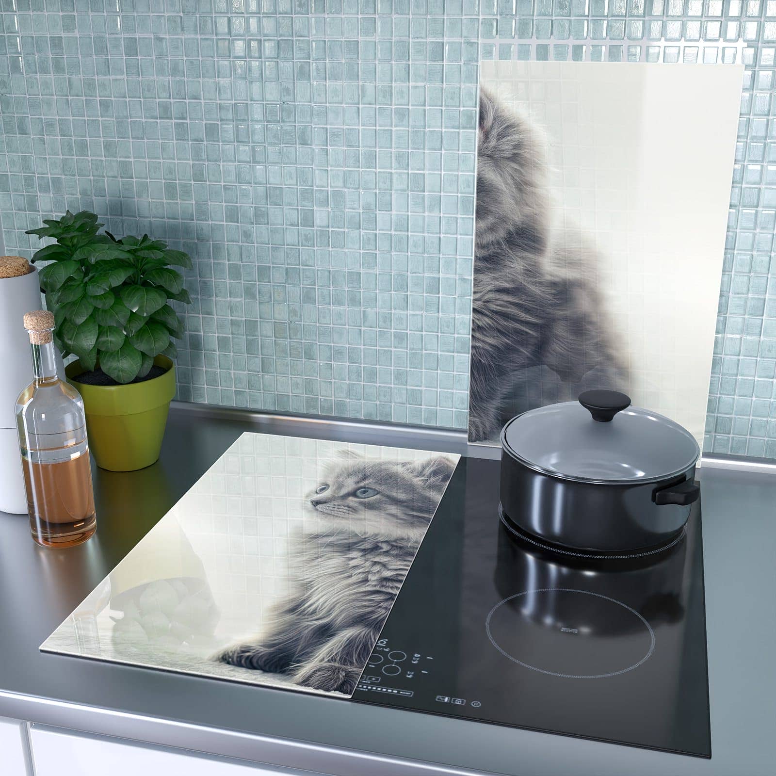 2-teilige Abdeckplatten mit Kitten Portrait-Motiv als Spritzschutz hinter dem Kochfeld