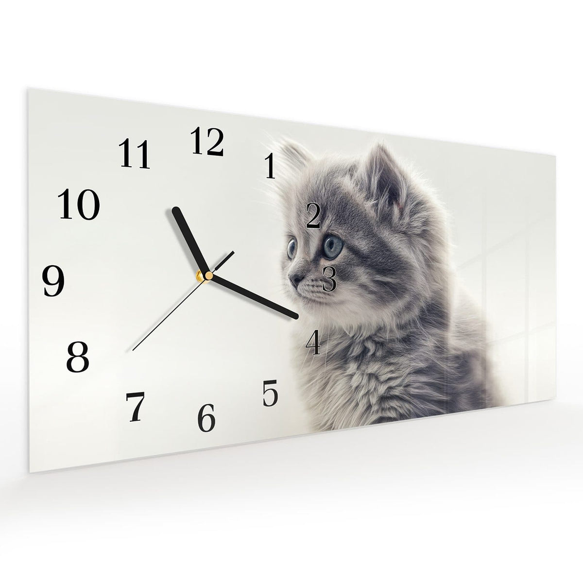 Vormontiert – mit Schwebeeffekt – Wanduhr Kitten Portrait aus Glas – Querformat 60 × 30 cm
