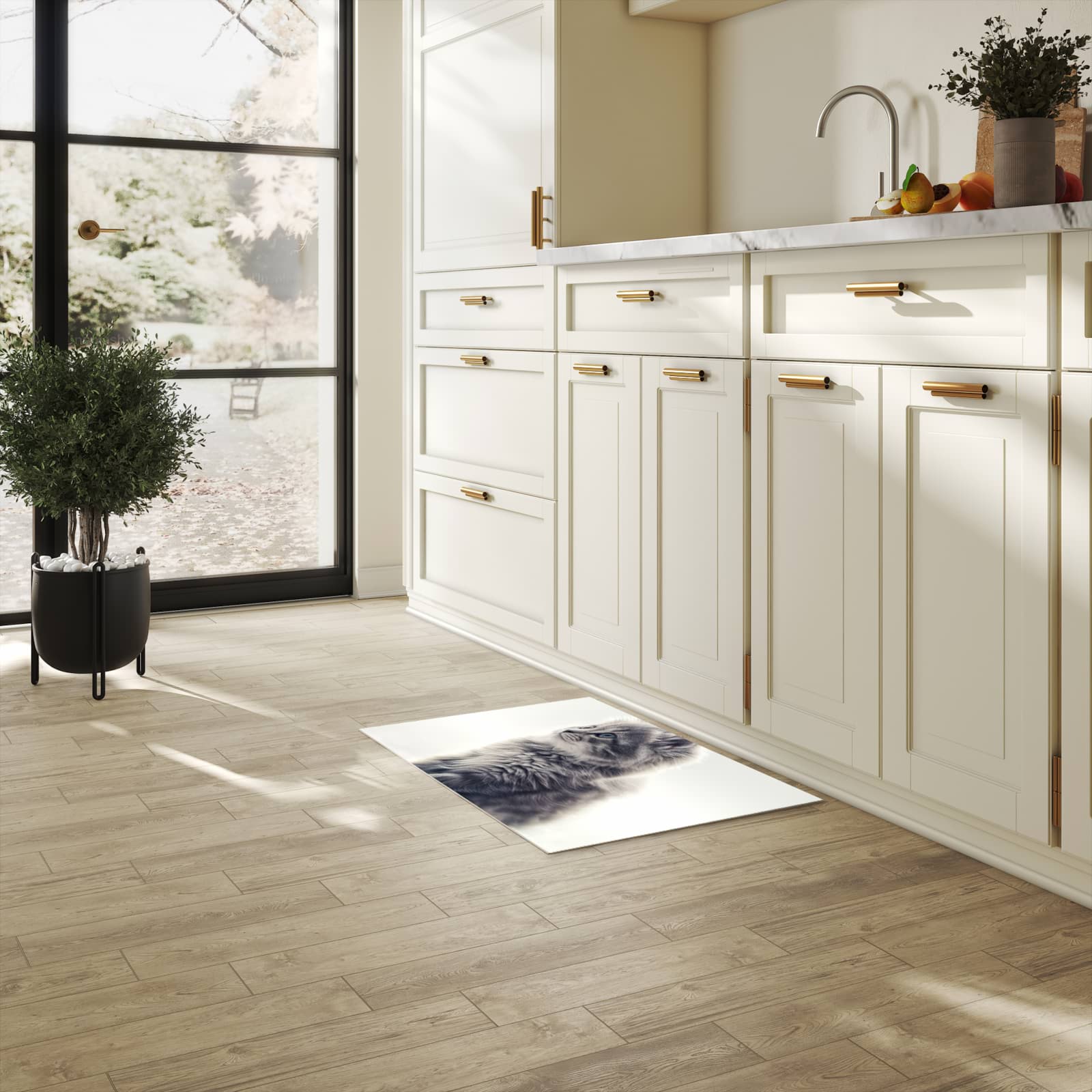 Schmutzabweisender Küchenläufer mit Motiv Kitten Portrait in heller Küche