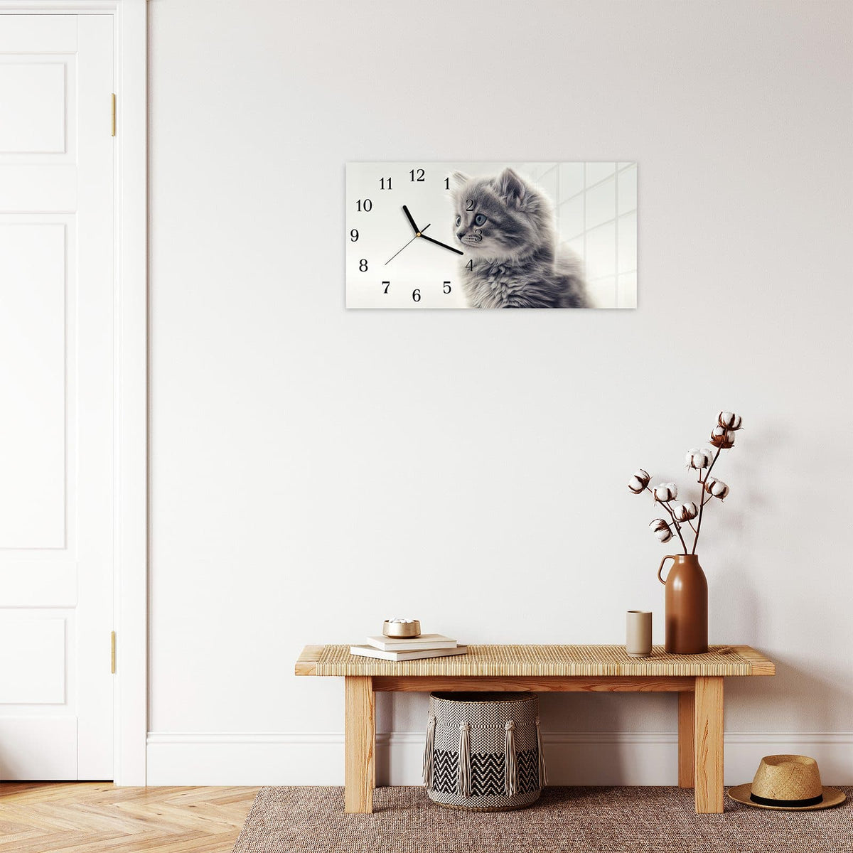 Moderne Wanduhr aus Glas mit Farbtiefe – Wanduhr Kitten Portrait aus Glas – Querformat 60 × 30 cm